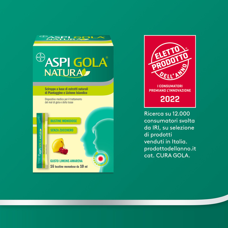 Aspi Gola Natura Sciroppo, con estratti naturali di piantaggine e Lichene Islandico, contro Mal di Gola e Tosse associata, Gusto Limone e Amarena, 16 Bustine Monodose da 10ml