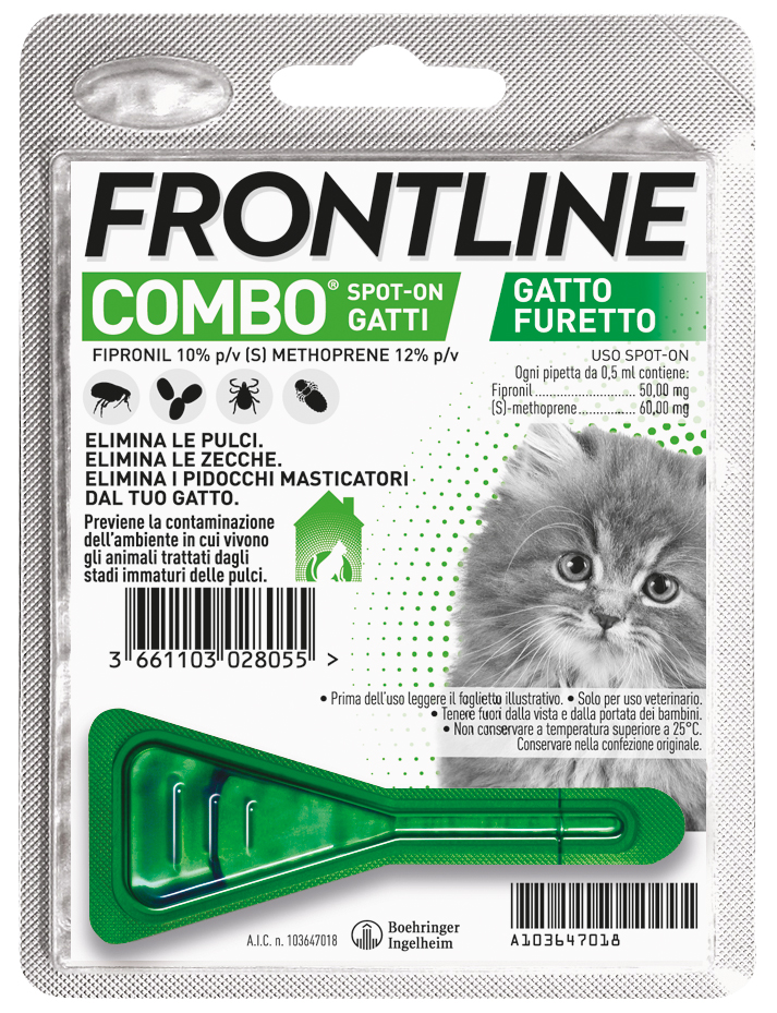Frontline Combo Gatti x1 Pipetta, Antiparassitario per Gatti, Gattini e Furetti, Contro Pulci, Zecche, Uova, Larve e Pidocchi