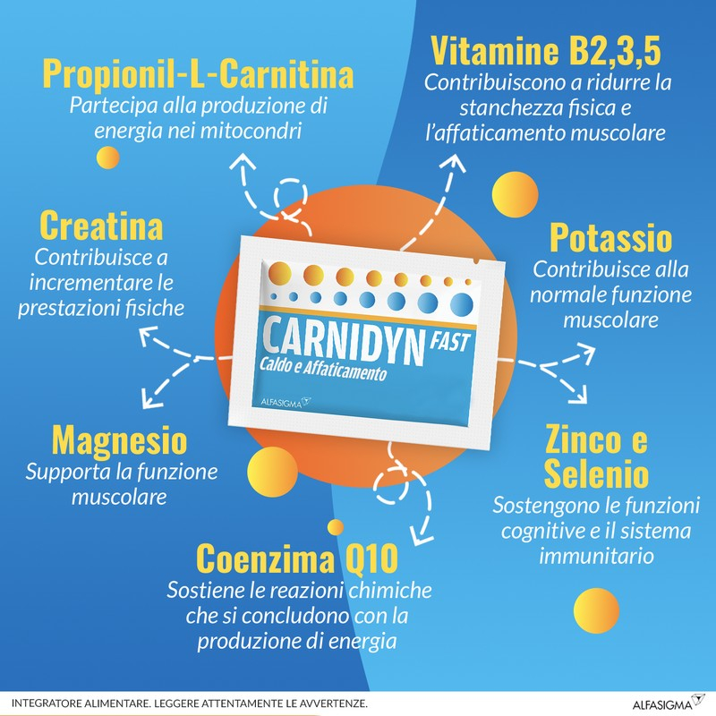 Carnidyn Fast Caldo e Affaticamento, integratore di Sali minerali, magnesio e potassio, zinco e selenio, con Carnitina, utile in caso di spossatezza da caldo o attività sportiva -  20 bustine