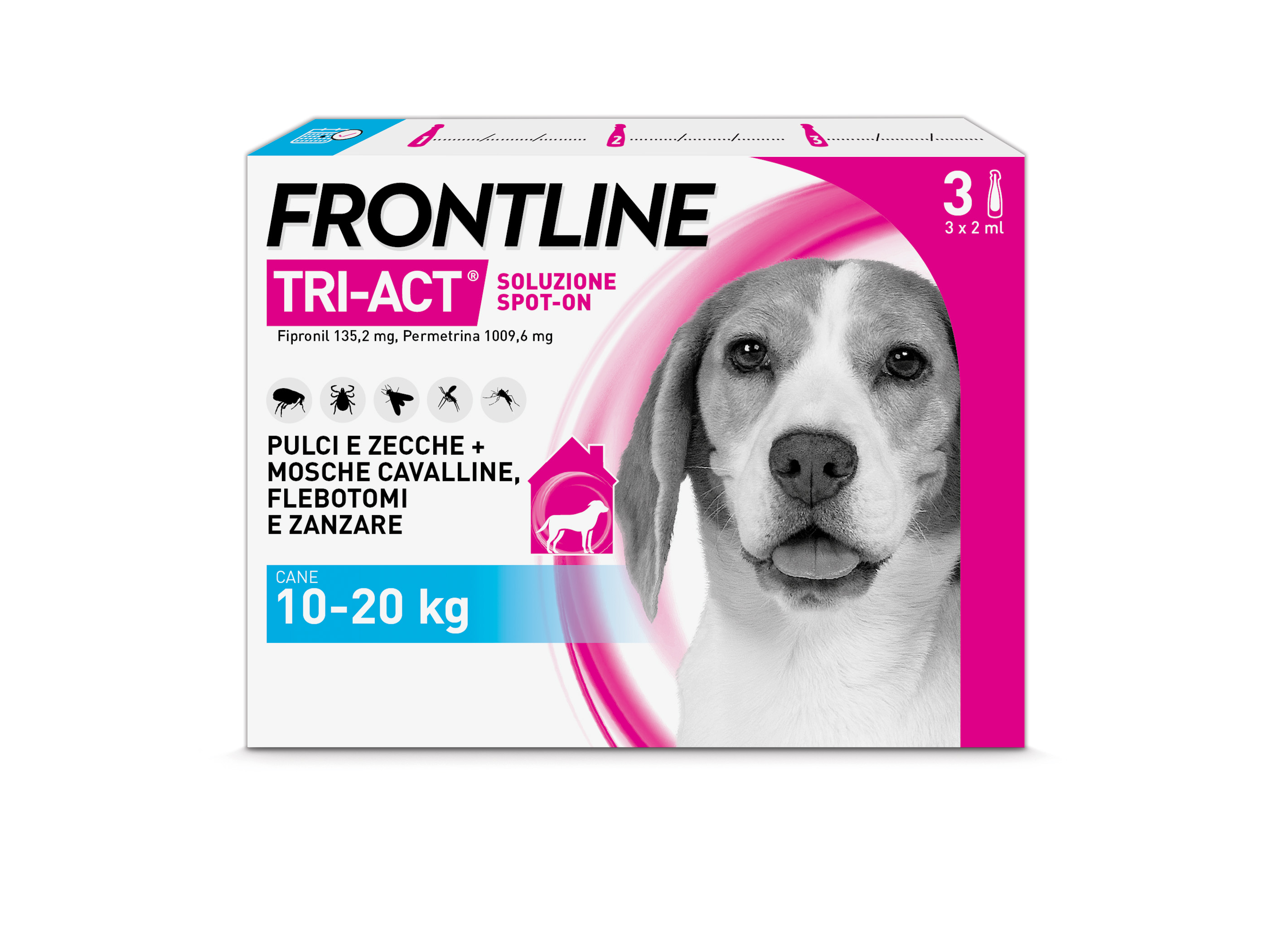 Frontline Tri Act x3 Pipette, Antiparassitario Per Cani e Cuccioli (Taglia M 10-20Kg) Contro Pulci, Zecche, Zanzare, Pappataci e Leishmaniosi