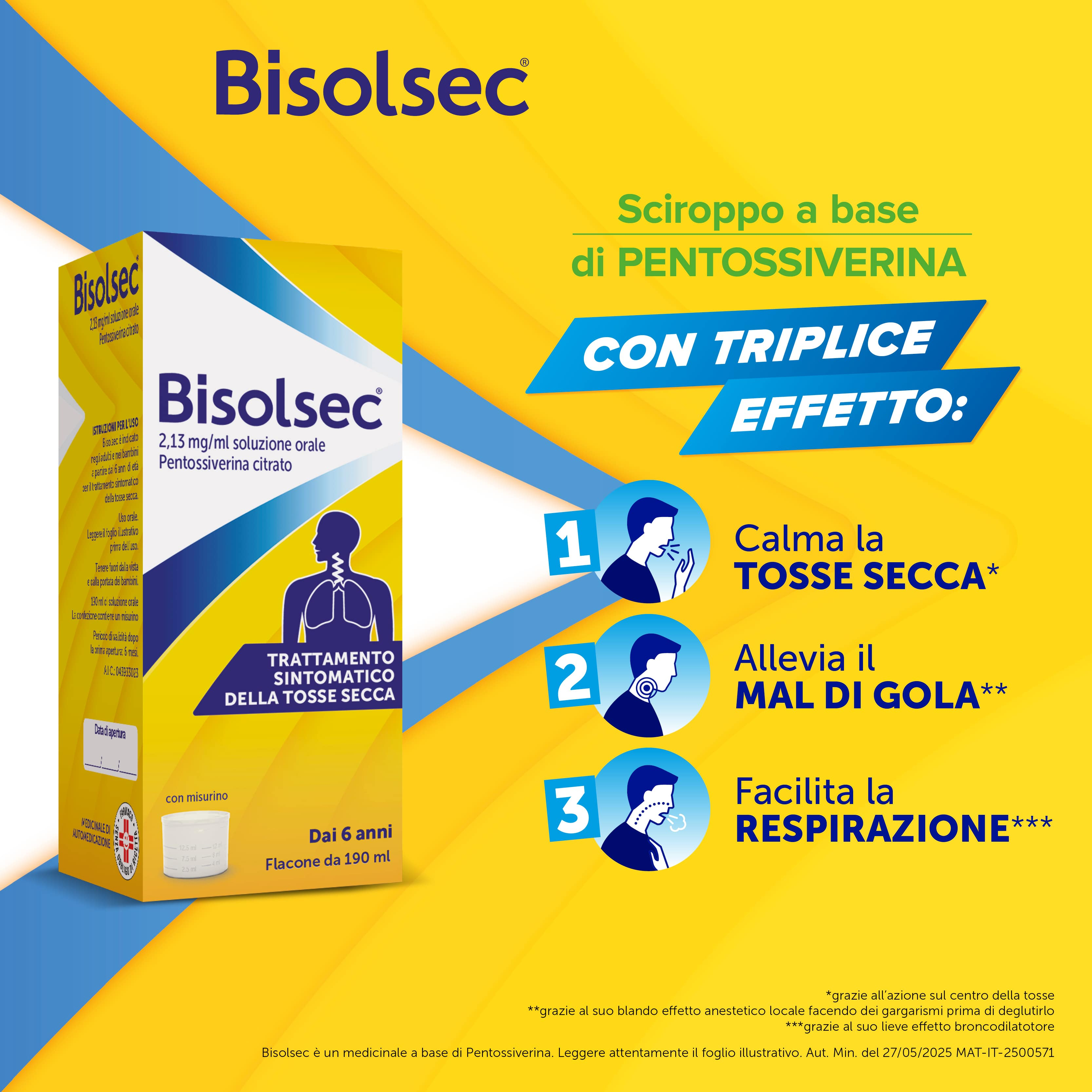 Bisolsec 2,13 mg/ml Soluzione Orale 190 ml - Sciroppo Sedativo Per Tosse Secca Adulti E Bambini (6+)