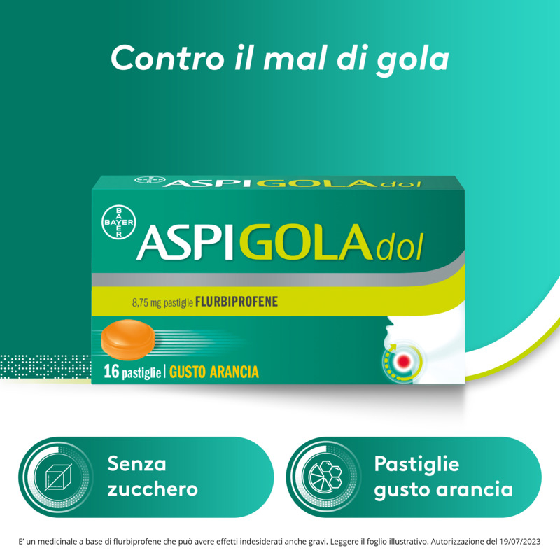 Aspi Gola Dol Caramelle Antinfiammatorio e Antidolorifico per Gola Infiammata, Faringite e Mal di gola, 16 pastiglie Senza Zucchero Arancia