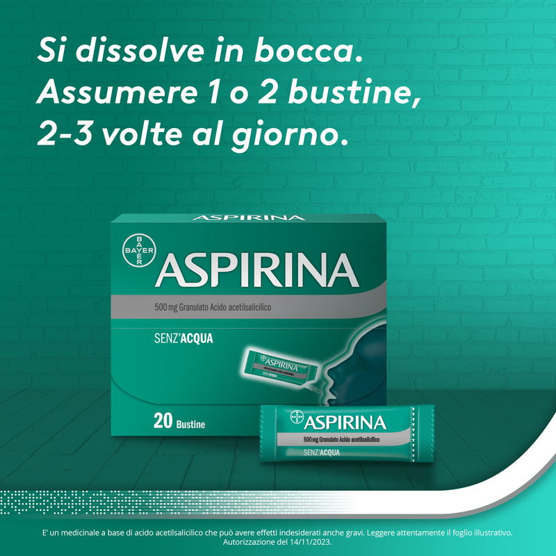 Aspirina in Granuli Senza Acqua, Antidolorifico e Antinfiammatorio contro Mal di Testa, Dolore e Infiammazione,  Aroma Cola, 20 Buste orosolubili