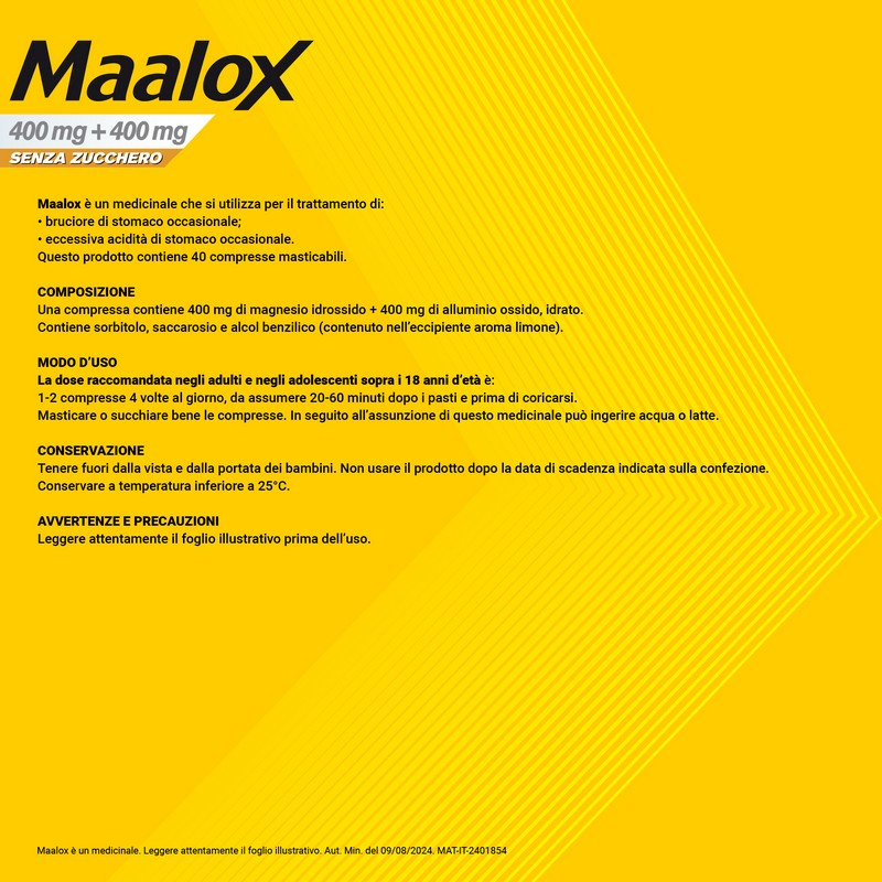 Maalox 400 mg +400 mg - 30 Compresse Masticabili Senza Zucchero Contro Bruciore E Iperacidità Di Stomaco Occasionale