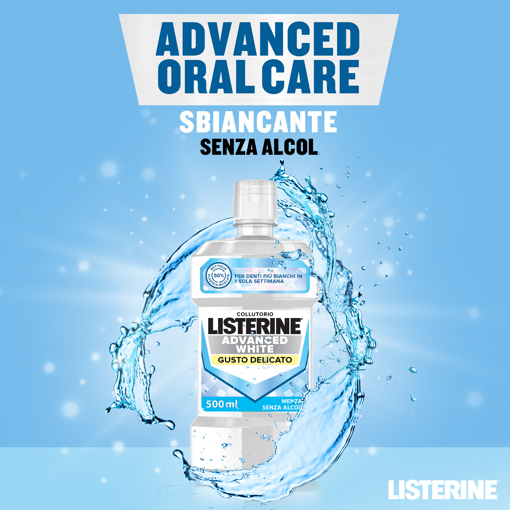 LISTERINE Advanced White Collutorio gusto delicato di Menta senza alcol con azione sbiancante 500 ml