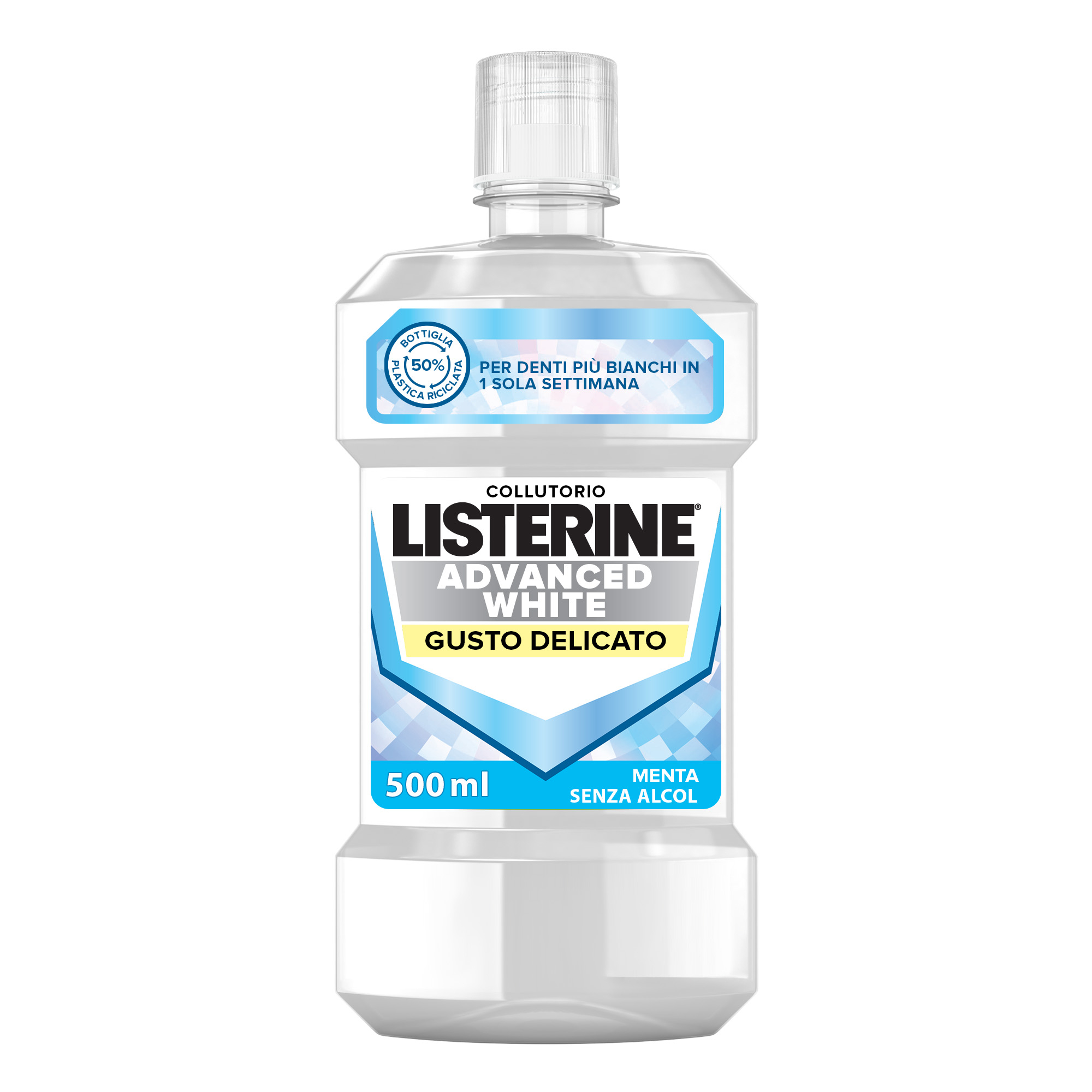 LISTERINE Advanced White Collutorio gusto delicato di Menta senza alcol con azione sbiancante 500 ml