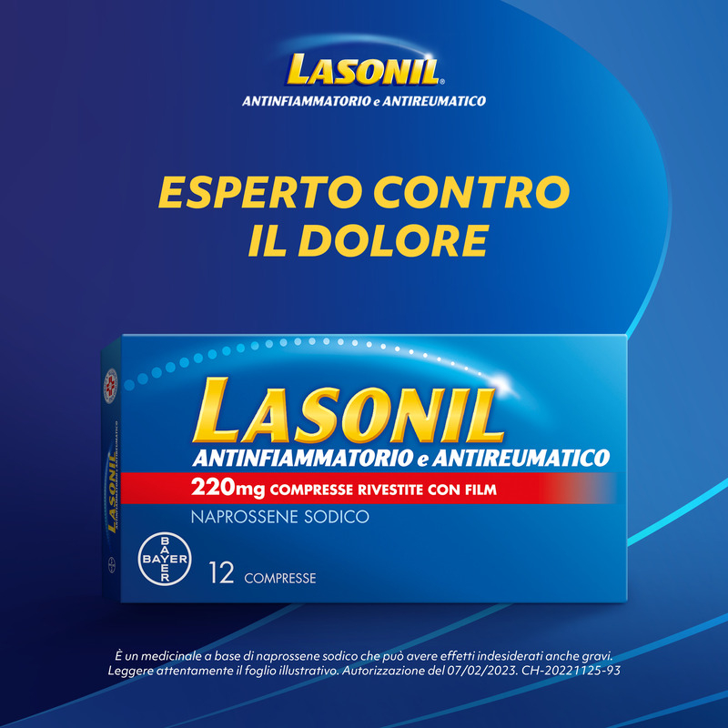 Lasonil Antinfiammatorio e Antidolorifico, Per trattamento di Mal di Schiena, Dolori Muscolari e Articolari, con 220mg di Naprossene Sodico, 12 Compresse Rivestite