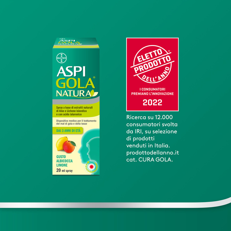 Aspi Gola Natura Spray, con estratti naturali di Aloe, Acido Ialuronico e Lichene Islandico, contro Mal di Gola e Tosse associata, Gusto Albicocca e Limone Flacone da 20ml