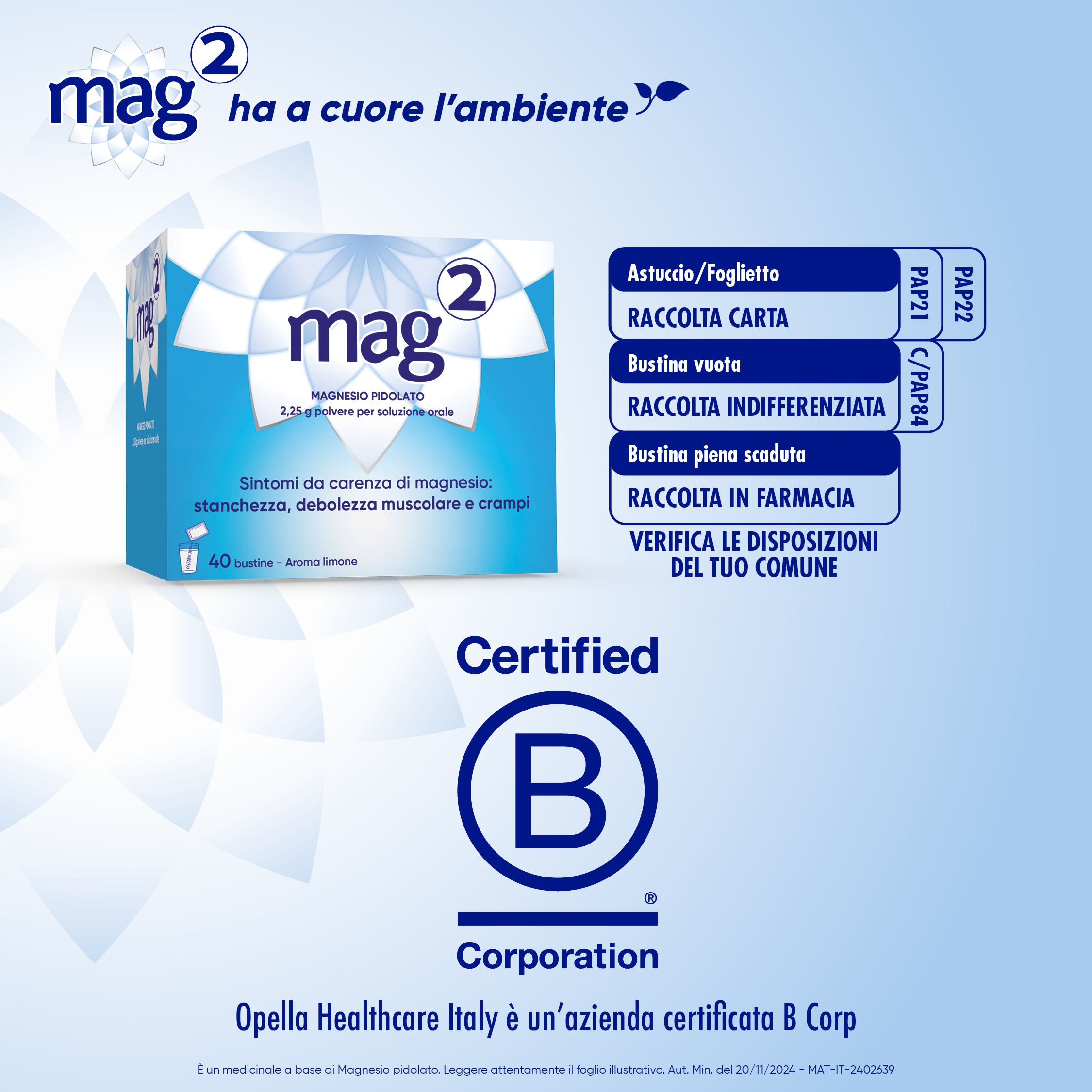 MAG2 Magnesio Pidolato 2,25 g Polvere - Soluzione Orale Per Stanchezza E Debolezza Muscolare 40 Bustine