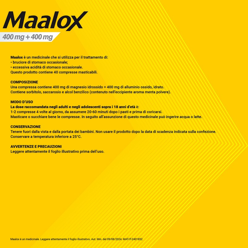 Maalox 400 mg + 400 mg - 40 Compresse Masticabili Contro Bruciore E Iperacidità Di Stomaco Occasionale