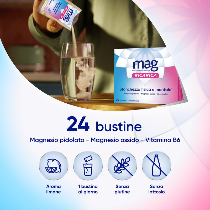 Mag Ricarica 24 Bustine - Integratore Con Magnesio Pidolato, Magnesio Ossido e Vitamina B6 Contro Stanchezza Mentale E Fisica