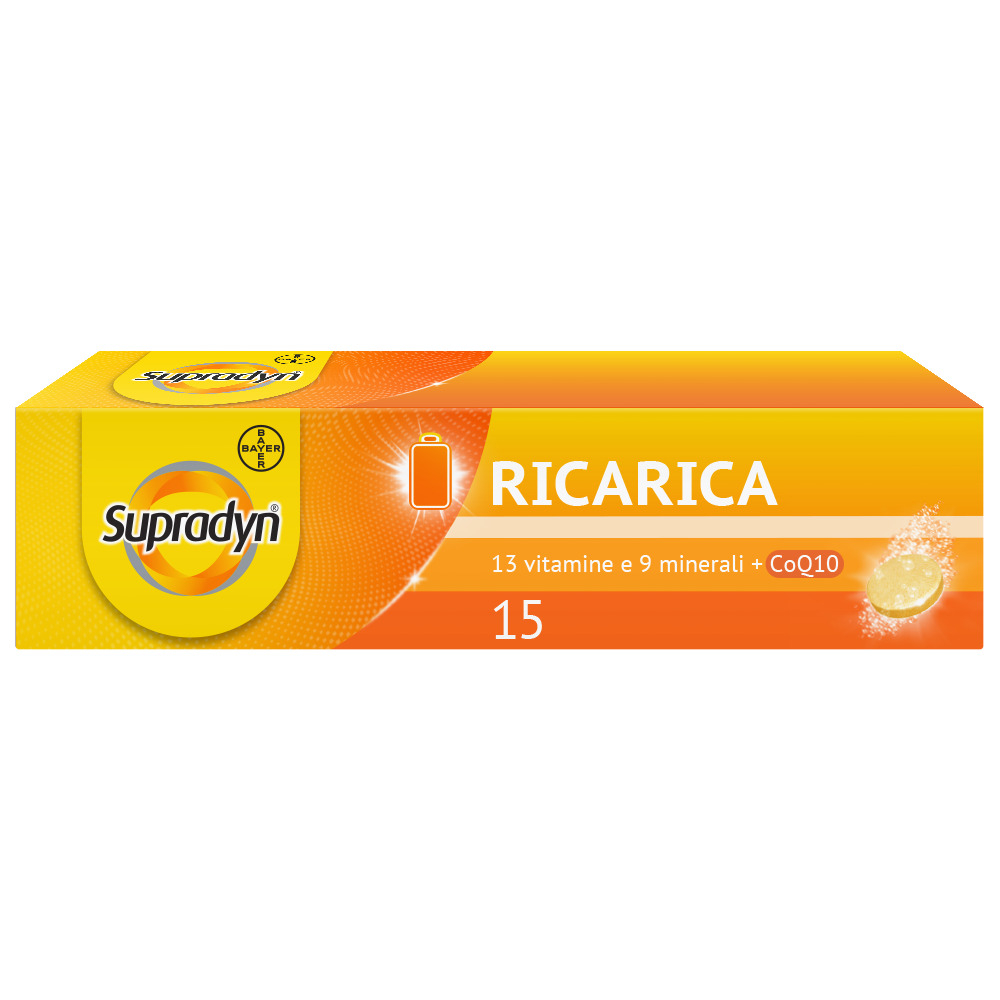 Supradyn Ricarica Integratore Multivitaminico Completo con Vitamine A, B, C, D, E, K, Minerali e Coenzima Q10 contro la Stanchezza, Gusto Arancia, 15 Compresse Effervescenti Rivestite - SCADENZA 31 AGOSTO 2026 