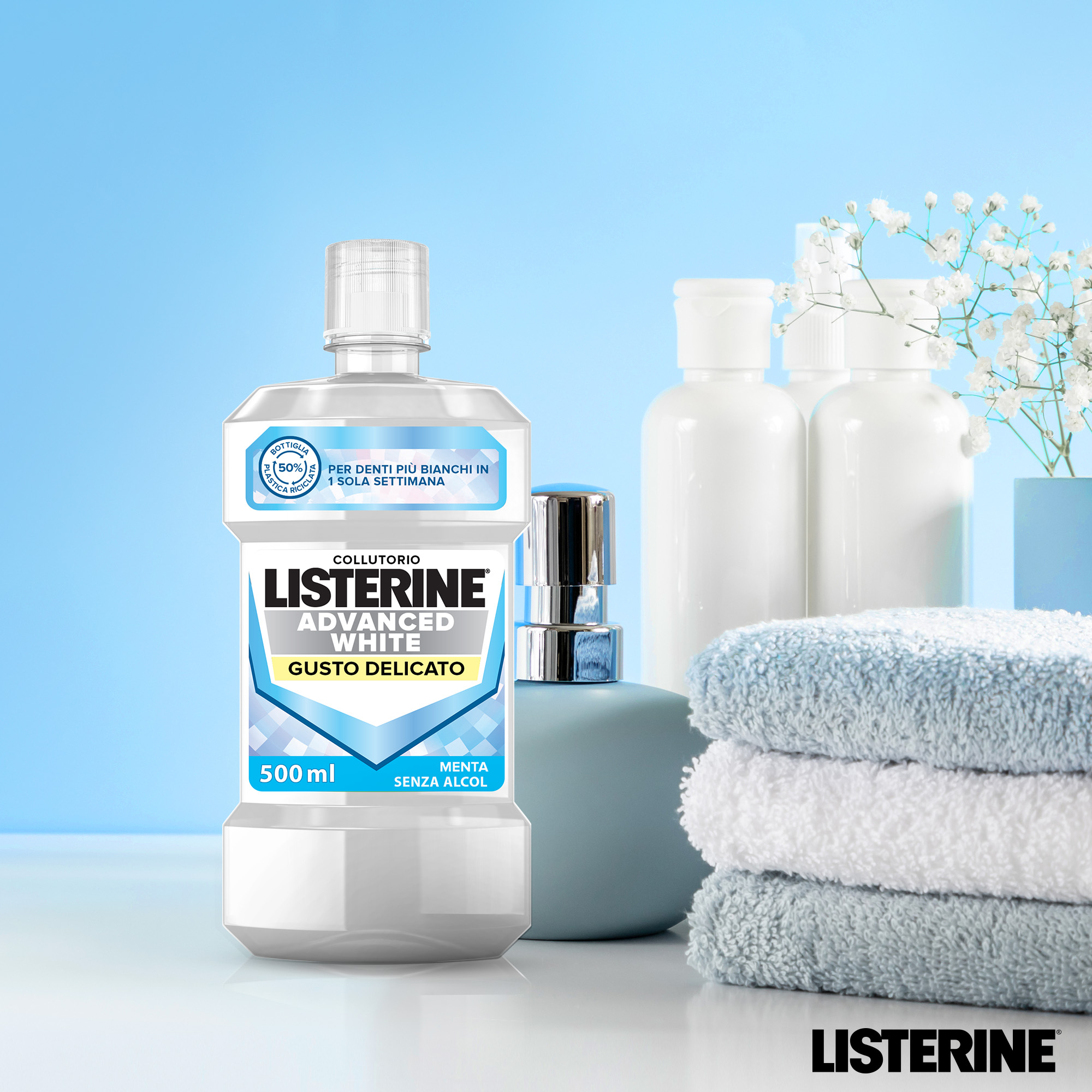 LISTERINE Advanced White Collutorio gusto delicato di Menta senza alcol con azione sbiancante 500 ml