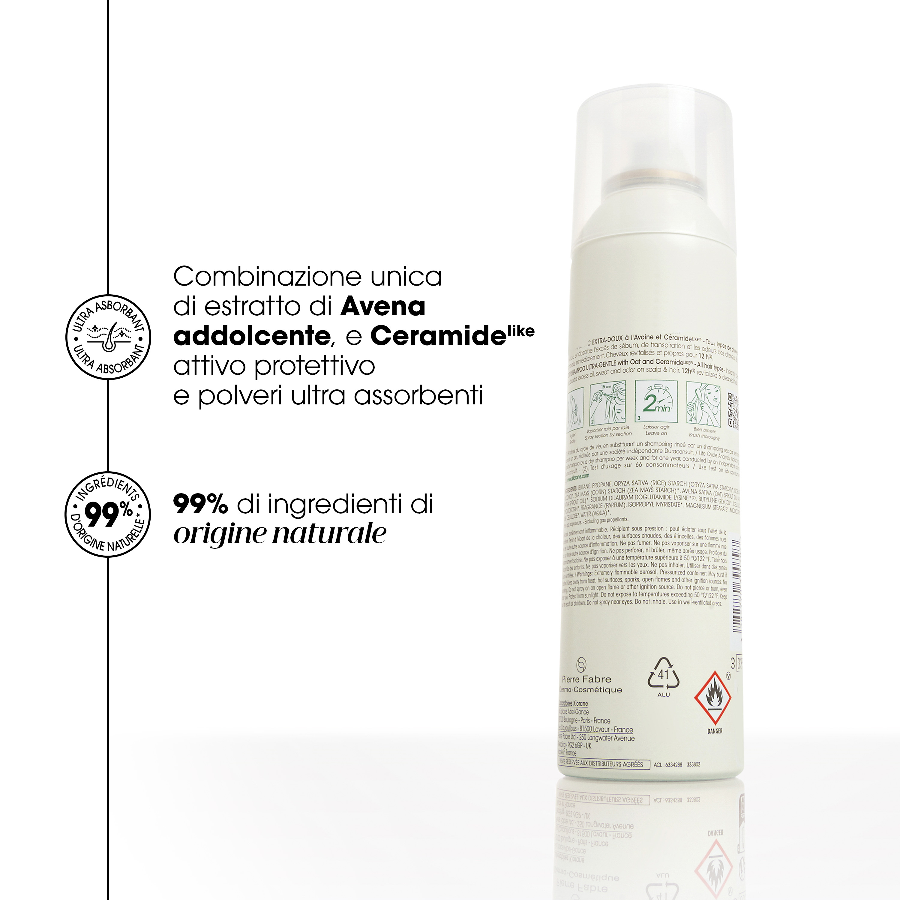 Klorane - Shampoo Secco Extra-Delicato All'Avena & Ceramide Per Capelli Scuri Spray 150 ml
