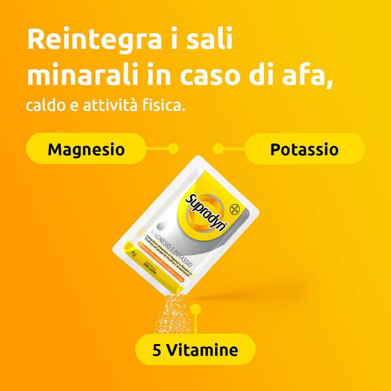 Supradyn Magnesio e Potassio Integratore Multivitaminico con Vitamine B, Vitamina C e Minerali, in caso di Caldo, Afa e Sport, Gusto Arancia, 24 Bustine Effervescenti