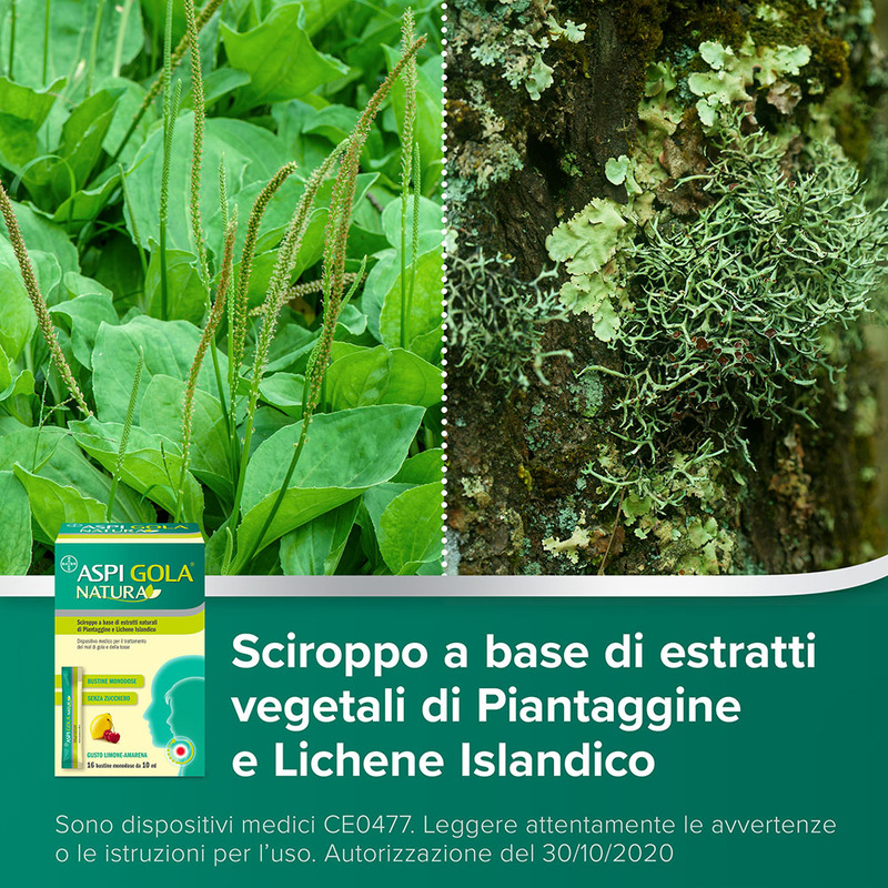 Aspi Gola Natura Sciroppo, con estratti naturali di piantaggine e Lichene Islandico, contro Mal di Gola e Tosse associata, Gusto Limone e Amarena, 16 Bustine Monodose da 10ml