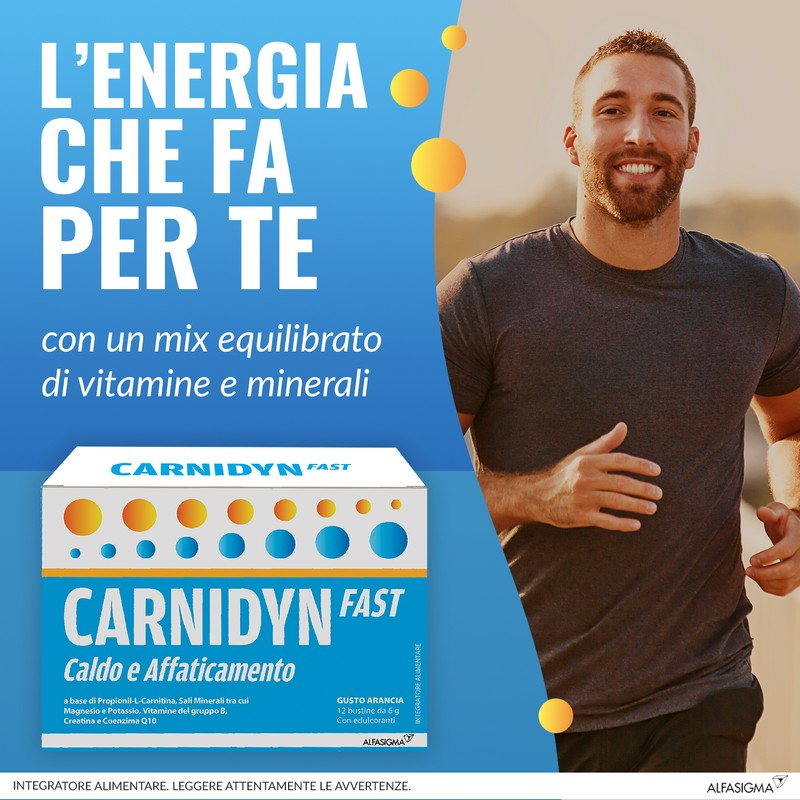 Carnidyn Fast Caldo e Affaticamento, integratore di Sali minerali, magnesio e potassio, zinco e selenio, con Carnitina, utile in caso di spossatezza da caldo o attività sportiva - 12 Bustine