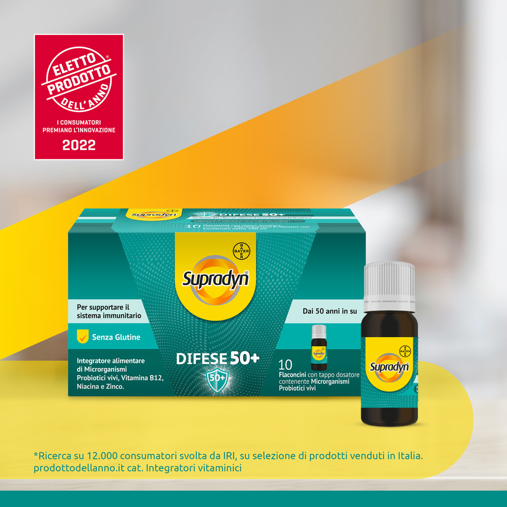 Supradyn Difese 50+ Integratore Multivitaminico  con Vitamina B12, Zinco, Niacina e Probiotici, per il Sistema Immunitario, Gusto Caramello, 10 Flaconcini da 10 ml
