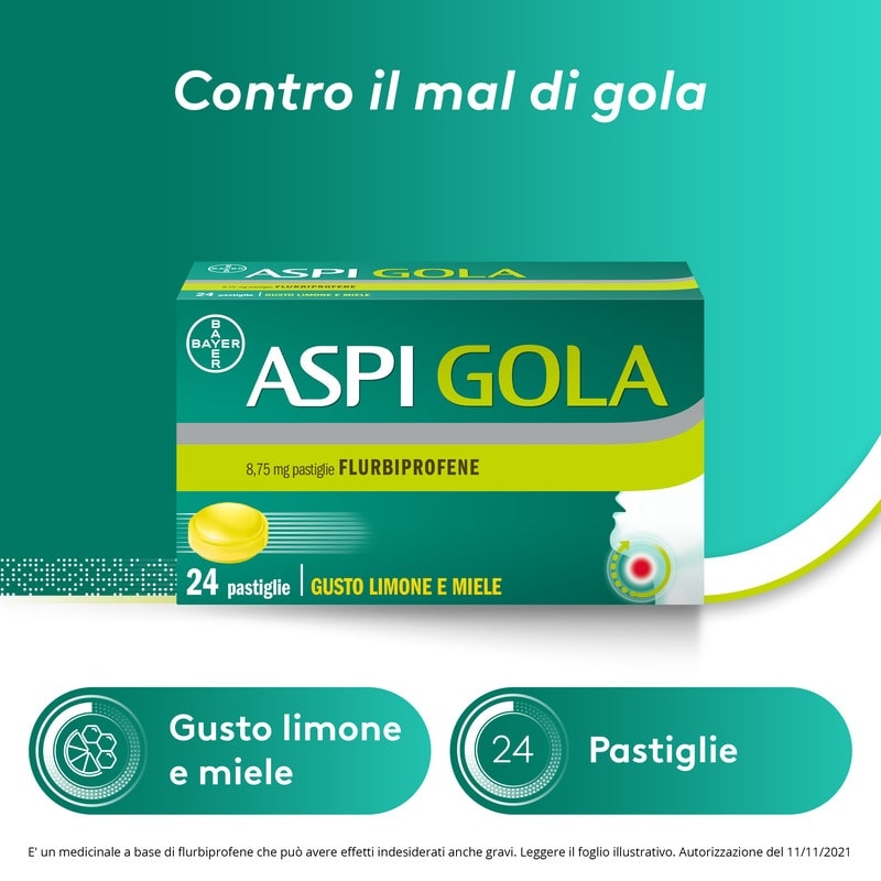 Aspi Gola Pastiglie per la gola infiammata, con 8,75 mg di Flurbiprofene, contro Faringite e Mal di gola, Gusto Limone e Miele 24 Pastiglie Orosolubili