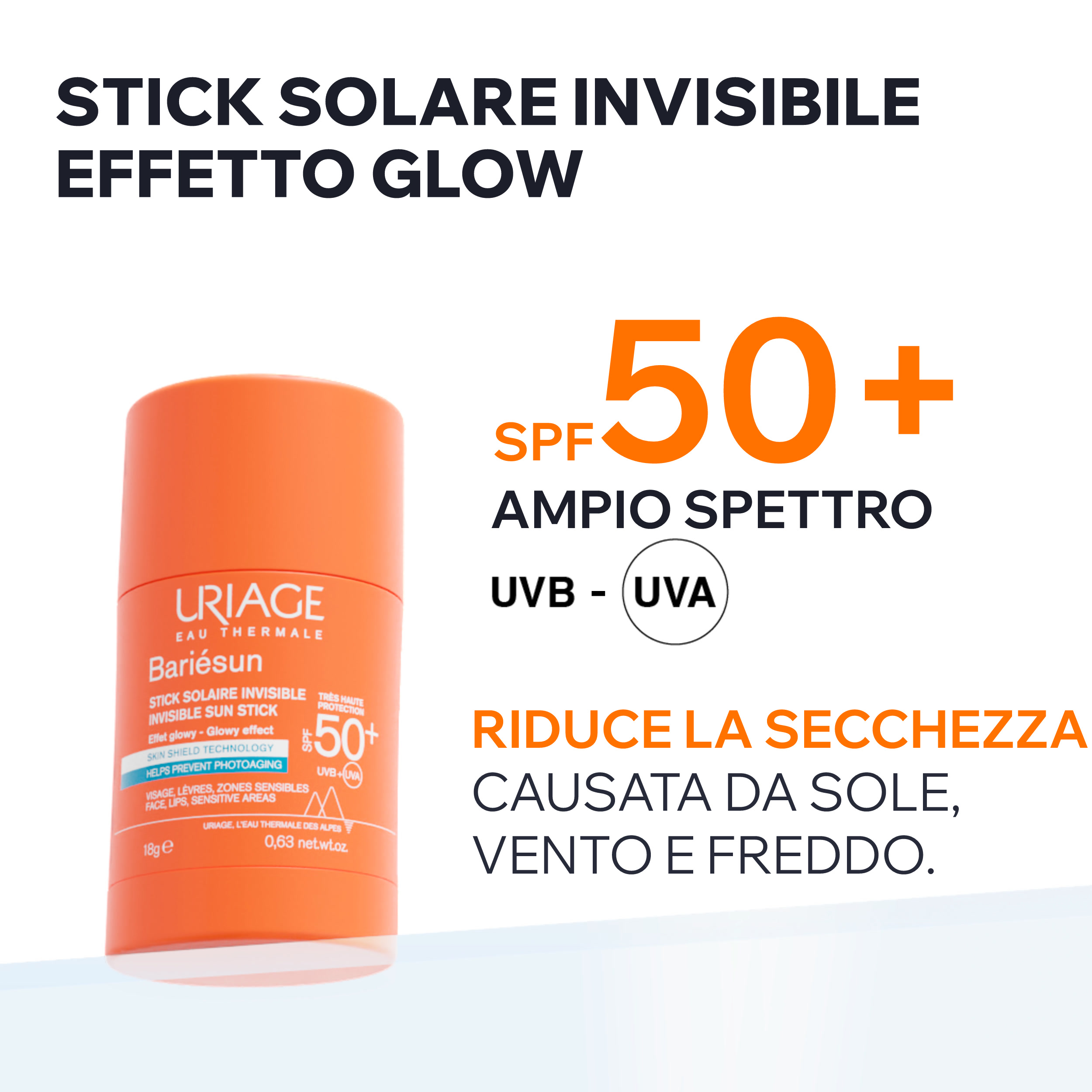 Uriage - Bariésun Stick Solare Invisibile Effetto Glow SPF50+ Viso, Labbra E Zone Sensibili 18 g