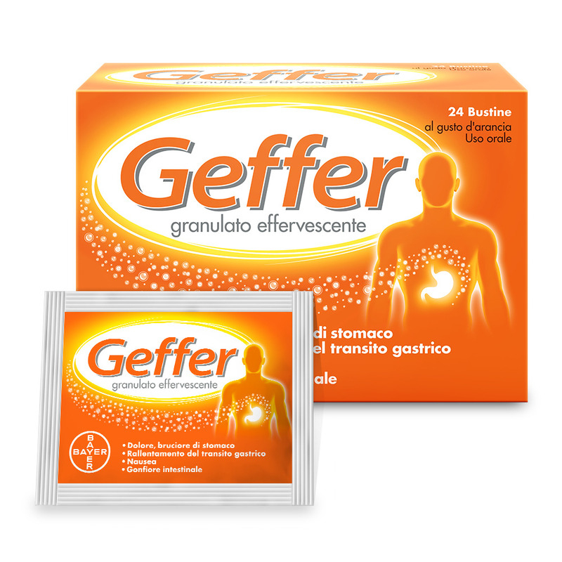 Geffer Granulato Effervescente, per Iperacidità, Dolore e Bruciore di stomaco,  favorisce la Digestione, contrasta Nausea, Gonfiore e Meteorismo, Gusto Arancia, 24 Bustine