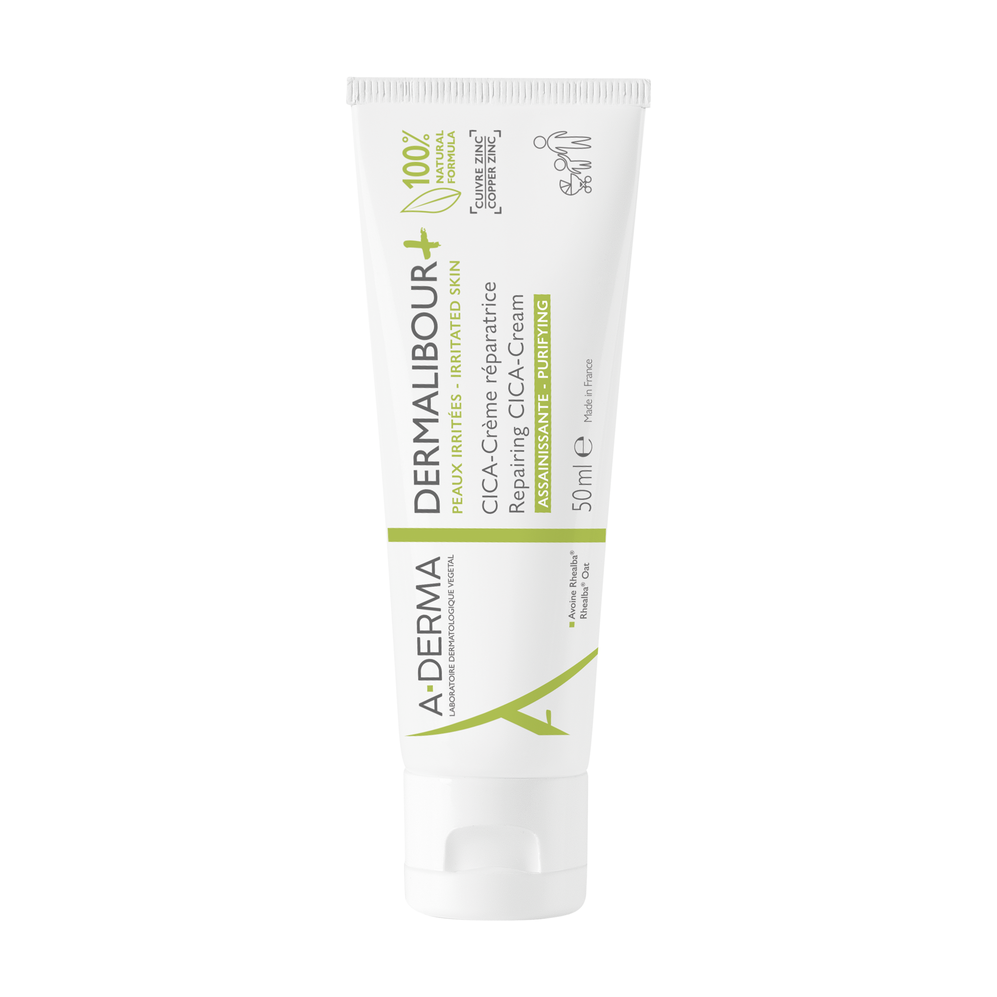 A-Derma Dermalibour+ Cica Crema Ristrutturante Purificante, Lenisce immediatamente, con Rame e Zinco, Pelle irritata e fragilizzata di tutta la famiglia, 50ml 
