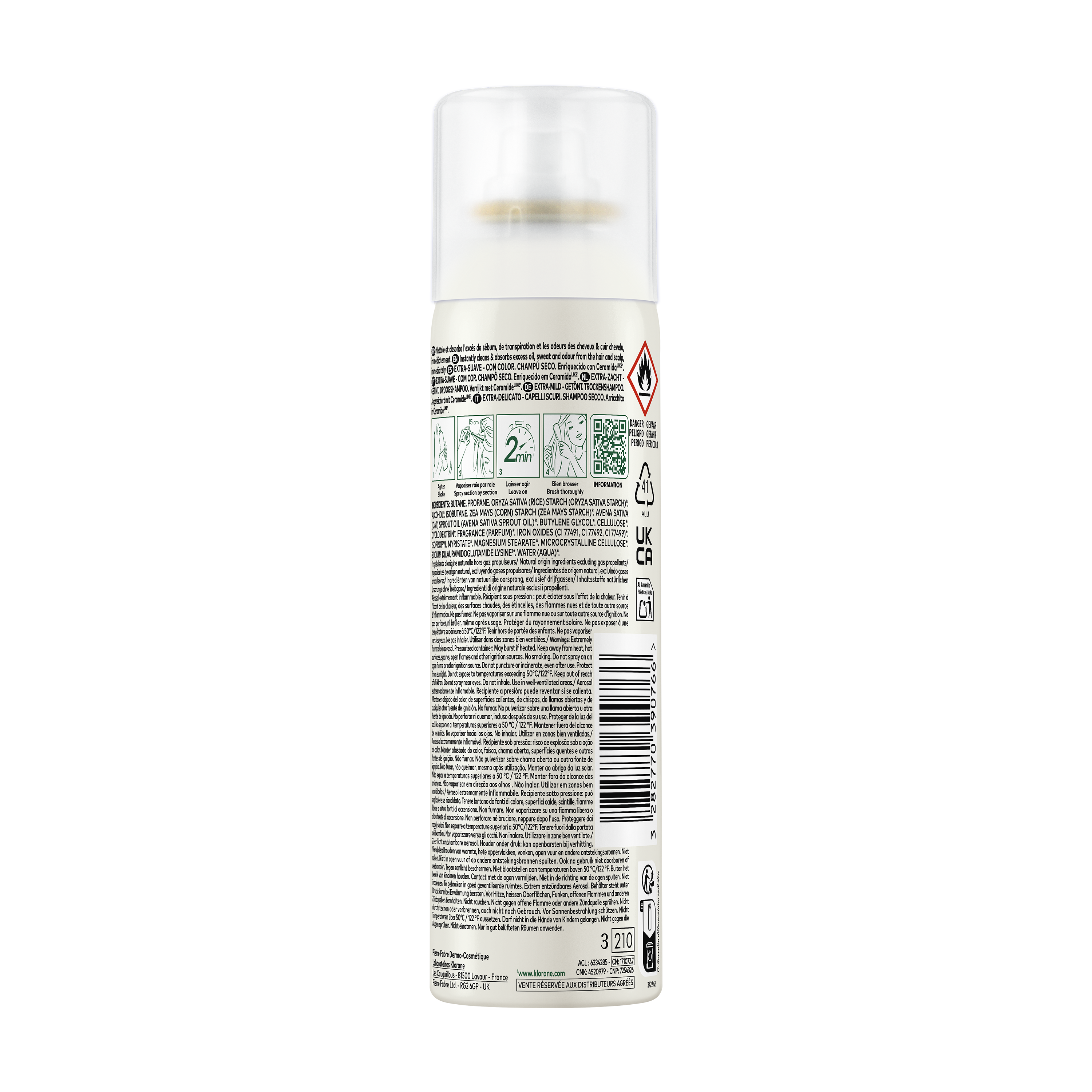 Klorane - Shampoo Secco Extra-Delicato All'Avena & Ceramide Per Capelli Scuri Spray 150 ml