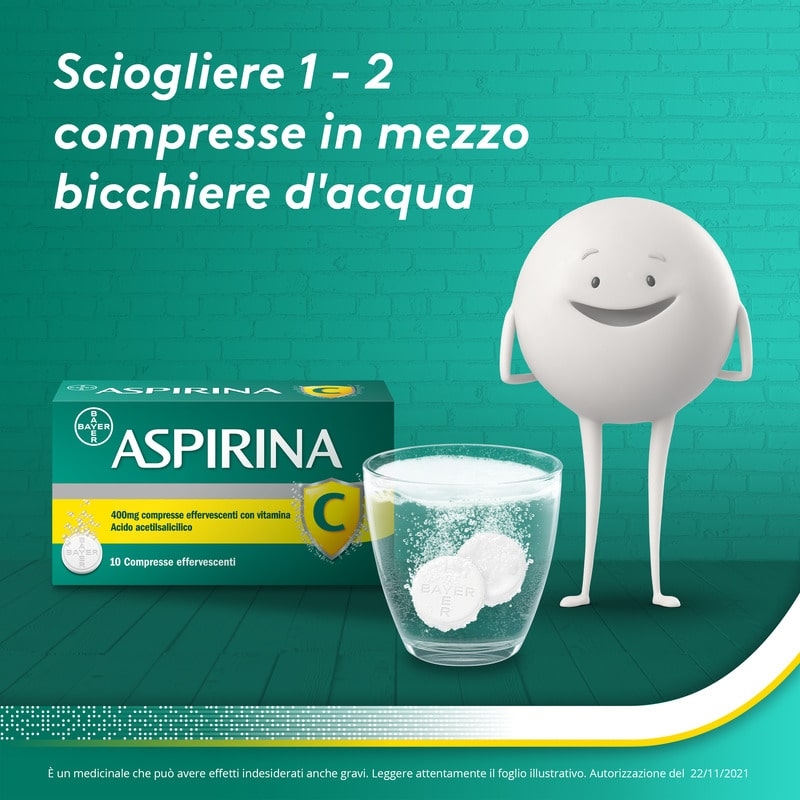 Aspirina C, contro sintomi di Raffreddore, Influenza e Febbre, 400 mg di Acido Acetilsalicilico + 240 mg di Vitamina C, antinfiammatorio e analgesico, 10 Compresse Effervescenti