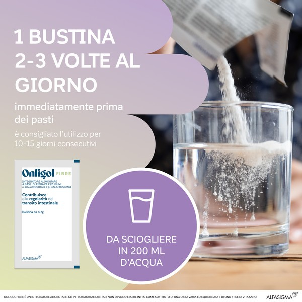 Onligol Fibre, integratore lassativo a base di fibre di Psyllium - utile in caso di stitichezza - Gusto Prugna 20 Bustine
