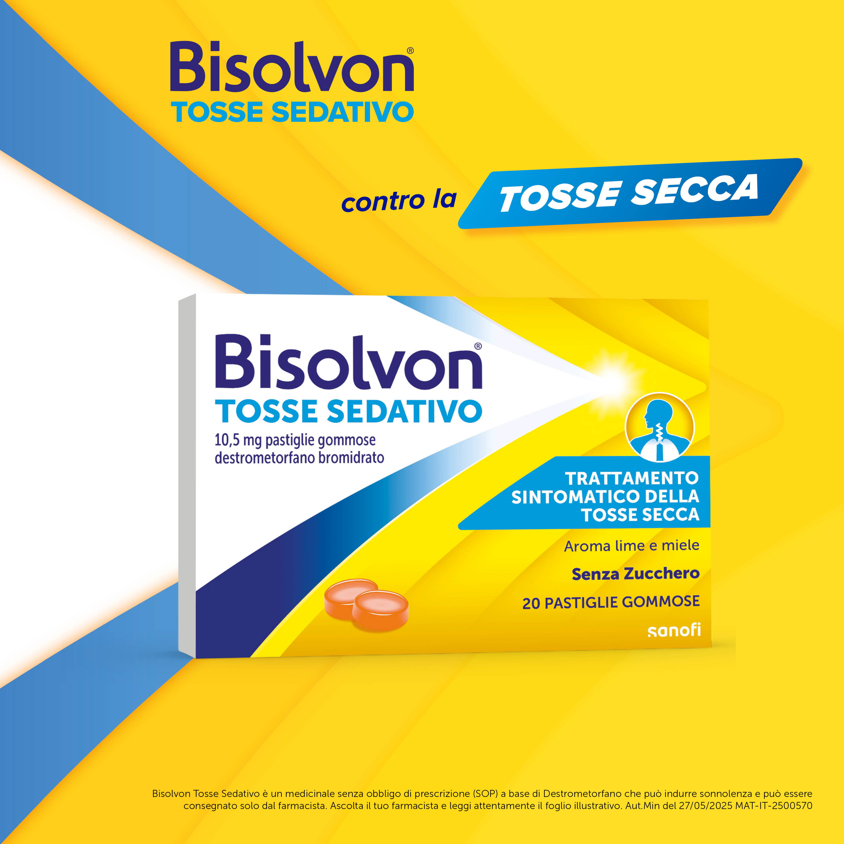 Bisolvon Tosse Sedativo 10,5 mg Gusto Miele E Lime - 20 Pastiglie Gommose Per Tosse Secca