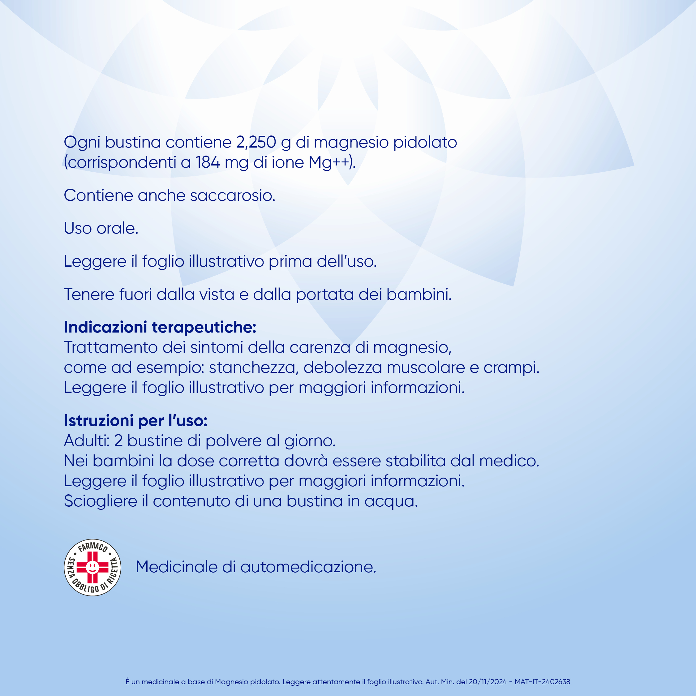 MAG2 Magnesio Pidolato 2,25 g Polvere - Soluzione Orale Per Stanchezza E Debolezza Muscolare 20 Bustine