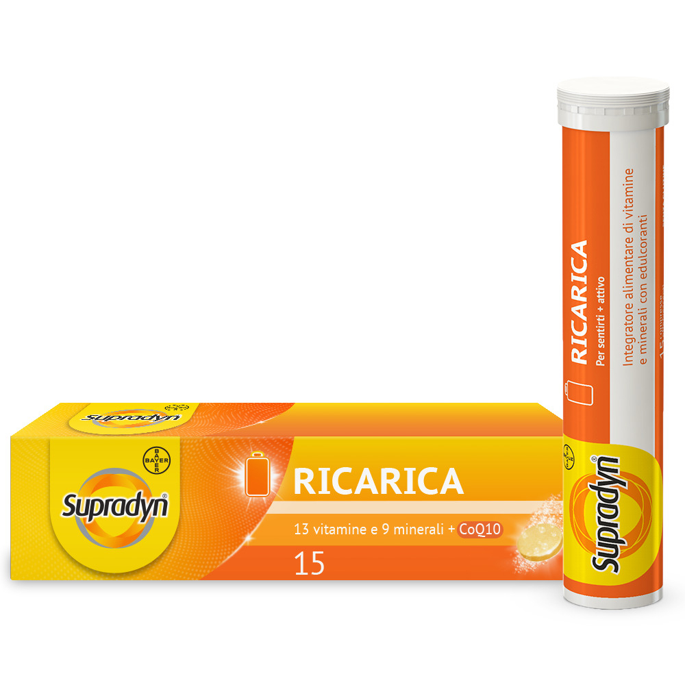 Supradyn Ricarica Integratore Multivitaminico Completo con Vitamine A, B, C, D, E, K, Minerali e Coenzima Q10 contro la Stanchezza, Gusto Arancia, 15 Compresse Effervescenti Rivestite - SCADENZA 31 AGOSTO 2026 