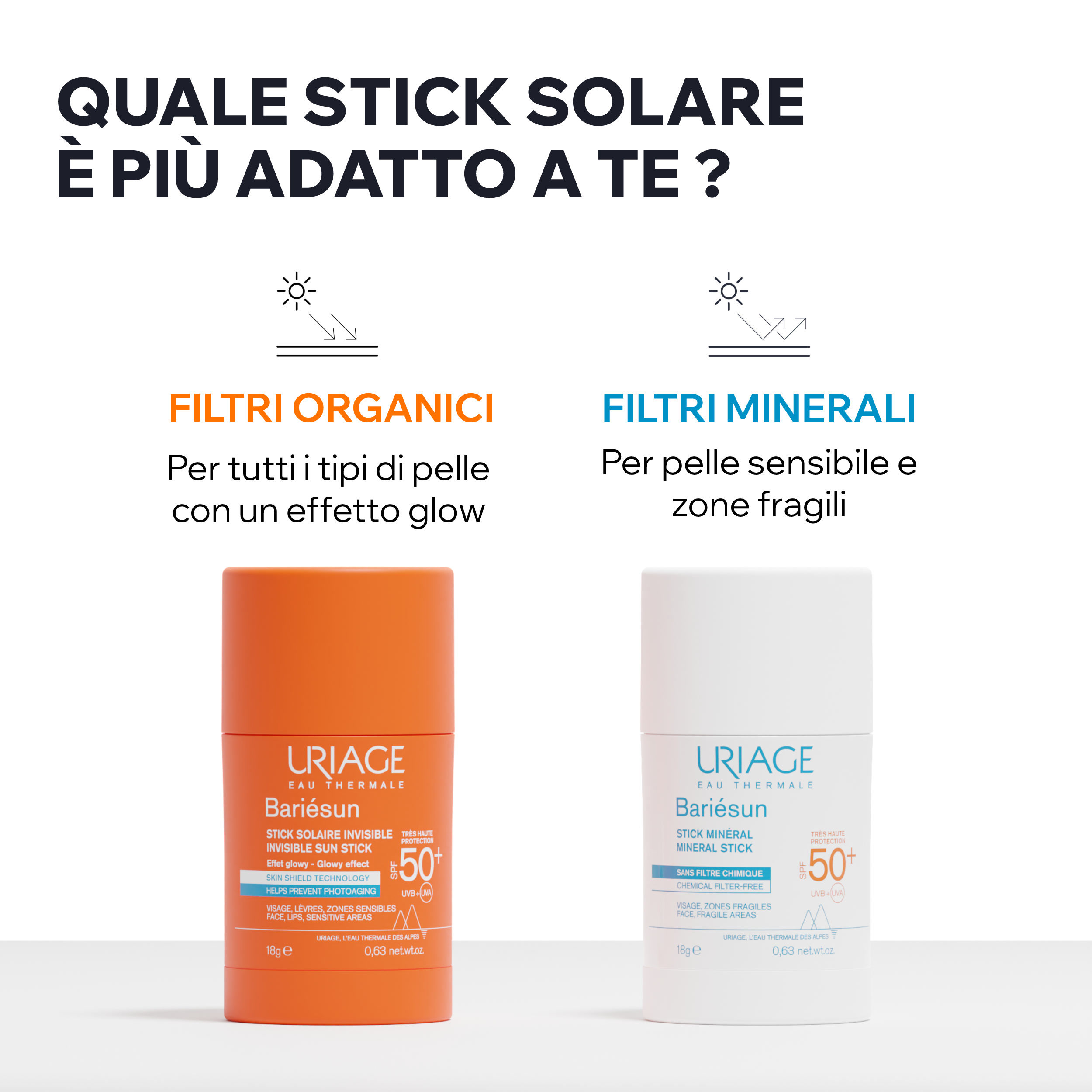 Uriage - Bariésun Stick Solare Invisibile Effetto Glow SPF50+ Viso, Labbra E Zone Sensibili 18 g