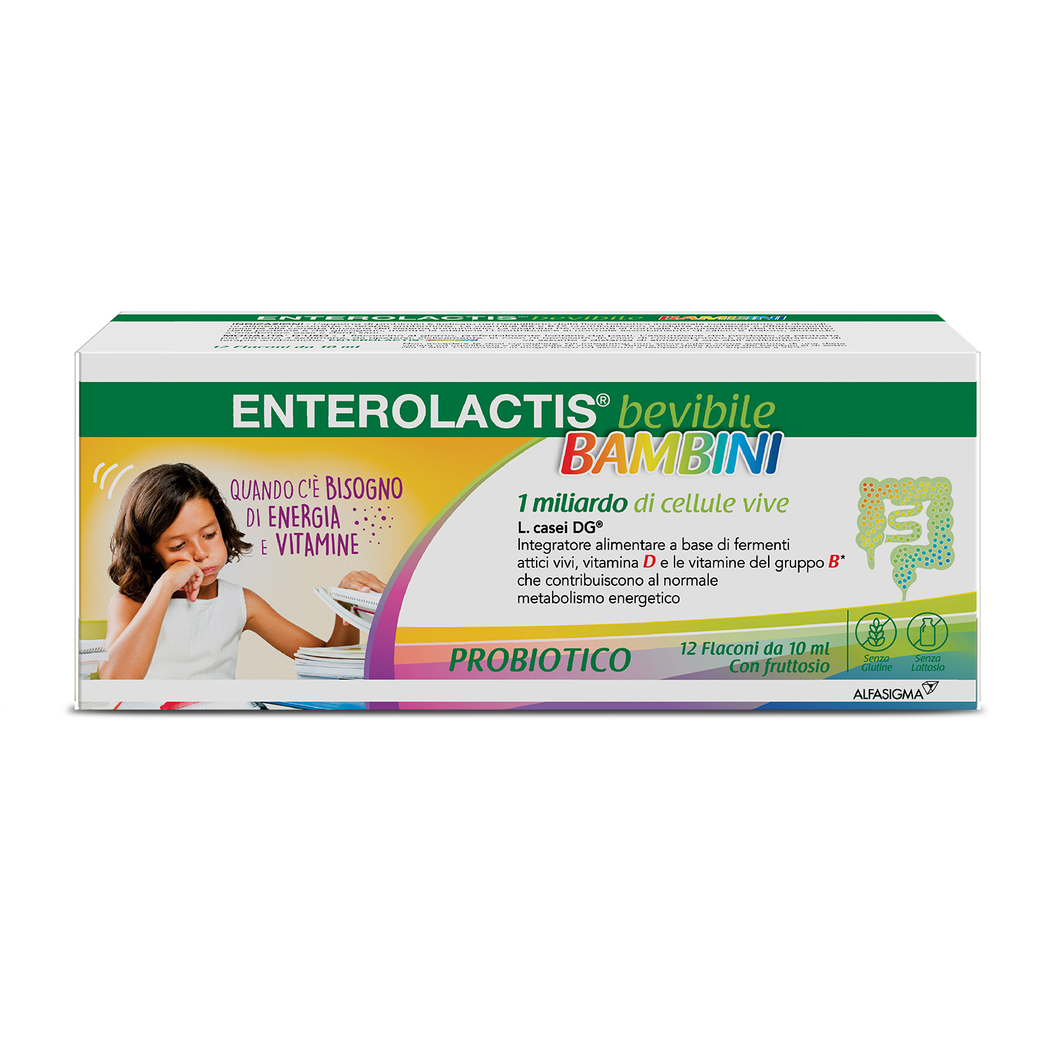 Enterolactis Bambini Bevibile, Integratore Alimentare con Fermenti lattici, probiotici L,Casei DG, 1 Miliardo Cellule Vive, Con Fruttosio, Senza Glutine e Lattosio, 12 Flaconcini da 10ml, Gusto Lampone