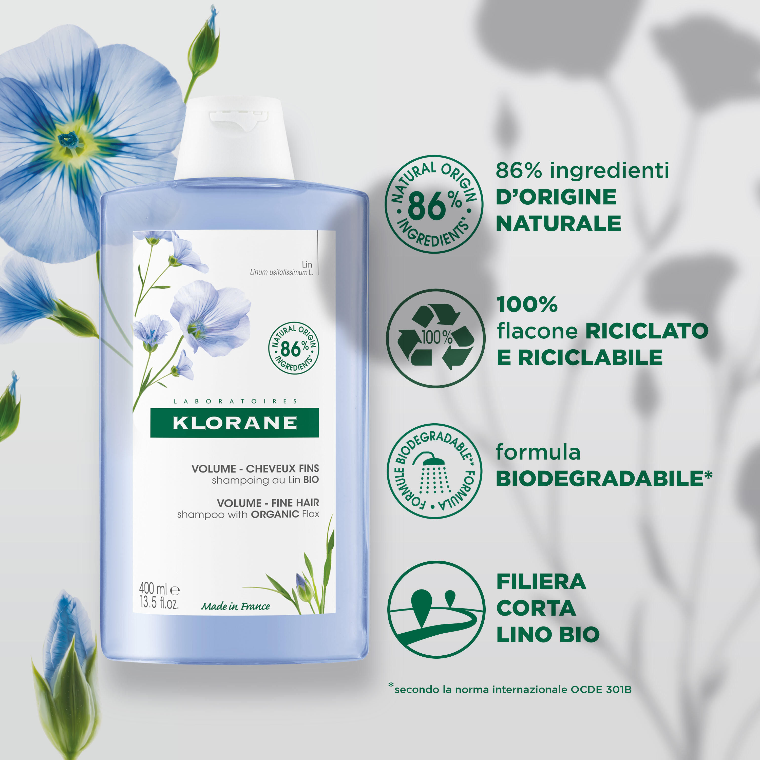 Klorane - Shampoo Al Lino Bio Per Capelli Sottili 400 ml