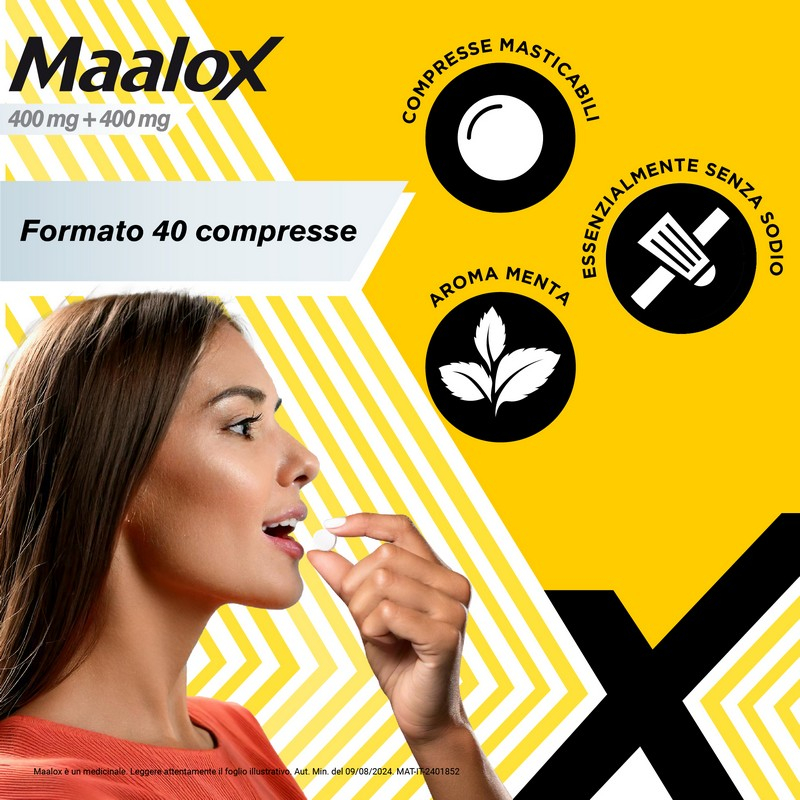 Maalox 400 mg + 400 mg - 40 Compresse Masticabili Contro Bruciore E Iperacidità Di Stomaco Occasionale
