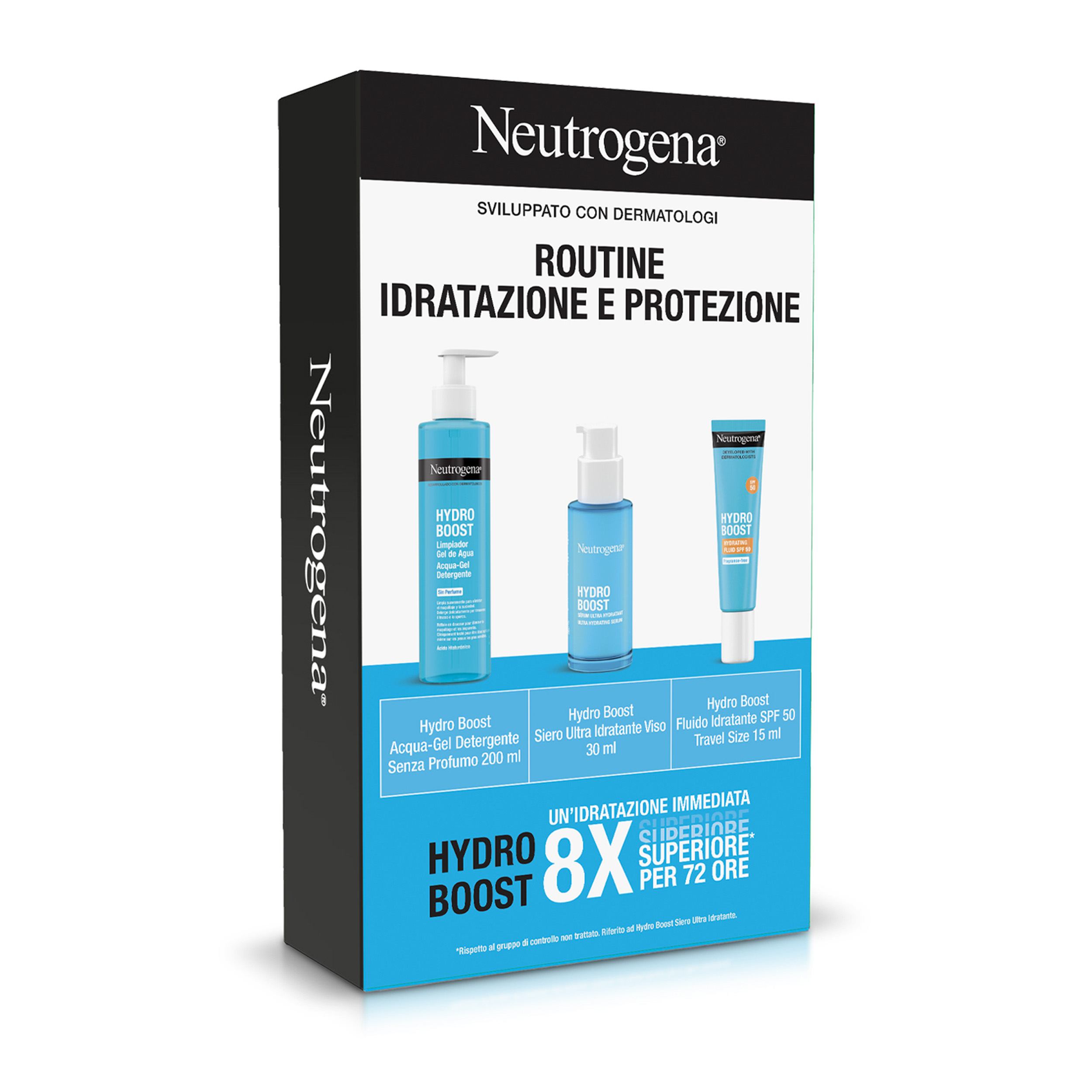Neutrogena Idratazione e Protezione Hydro Boost Detergente 200 ml + Siero 30 ml + Fluido SPF50 15ml