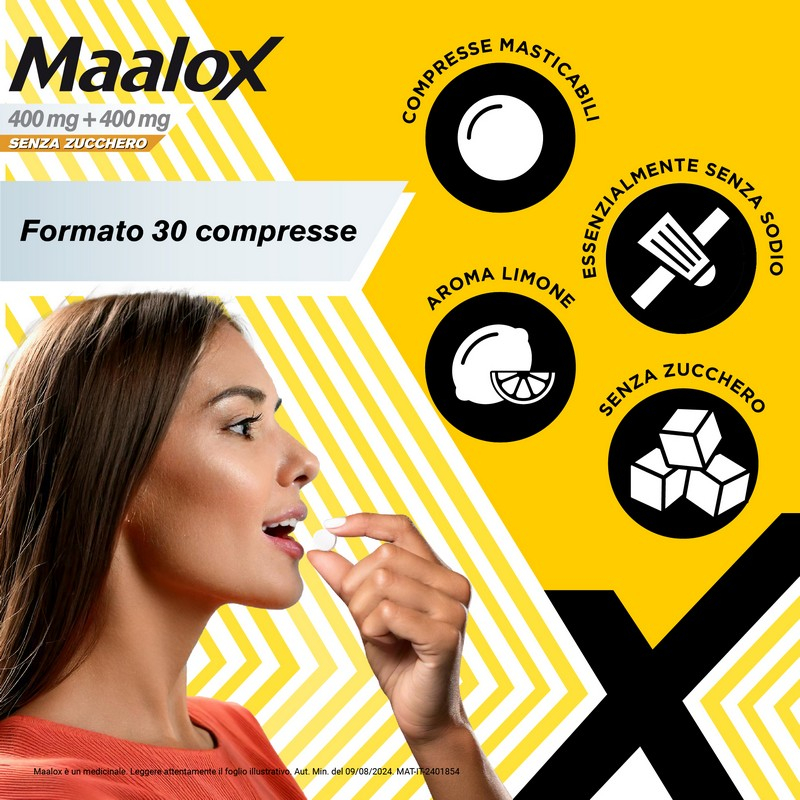 Maalox 400 mg +400 mg - 30 Compresse Masticabili Senza Zucchero Contro Bruciore E Iperacidità Di Stomaco Occasionale