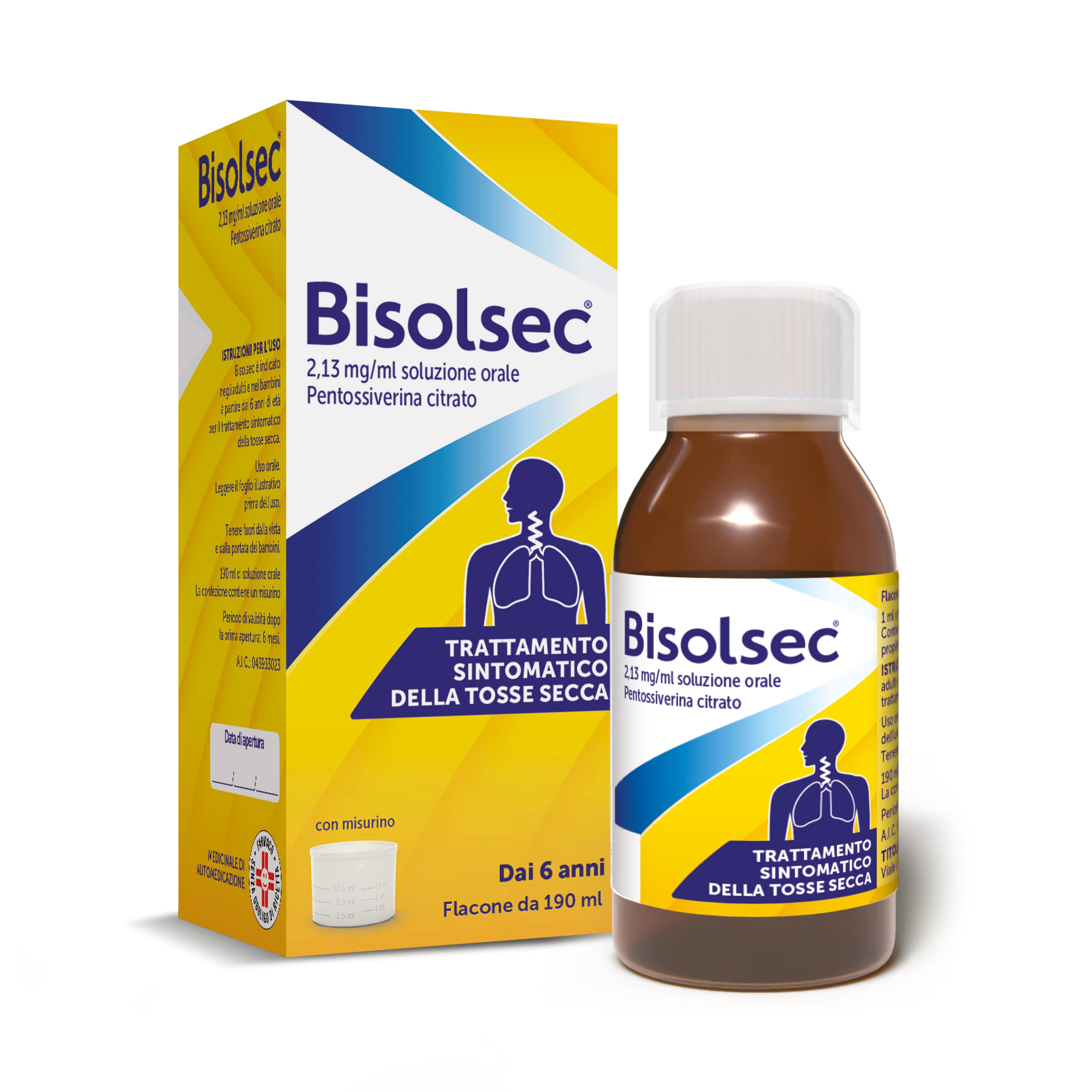 Bisolsec 2,13 mg/ml Soluzione Orale 190 ml - Sciroppo Sedativo Per Tosse Secca Adulti E Bambini (6+)