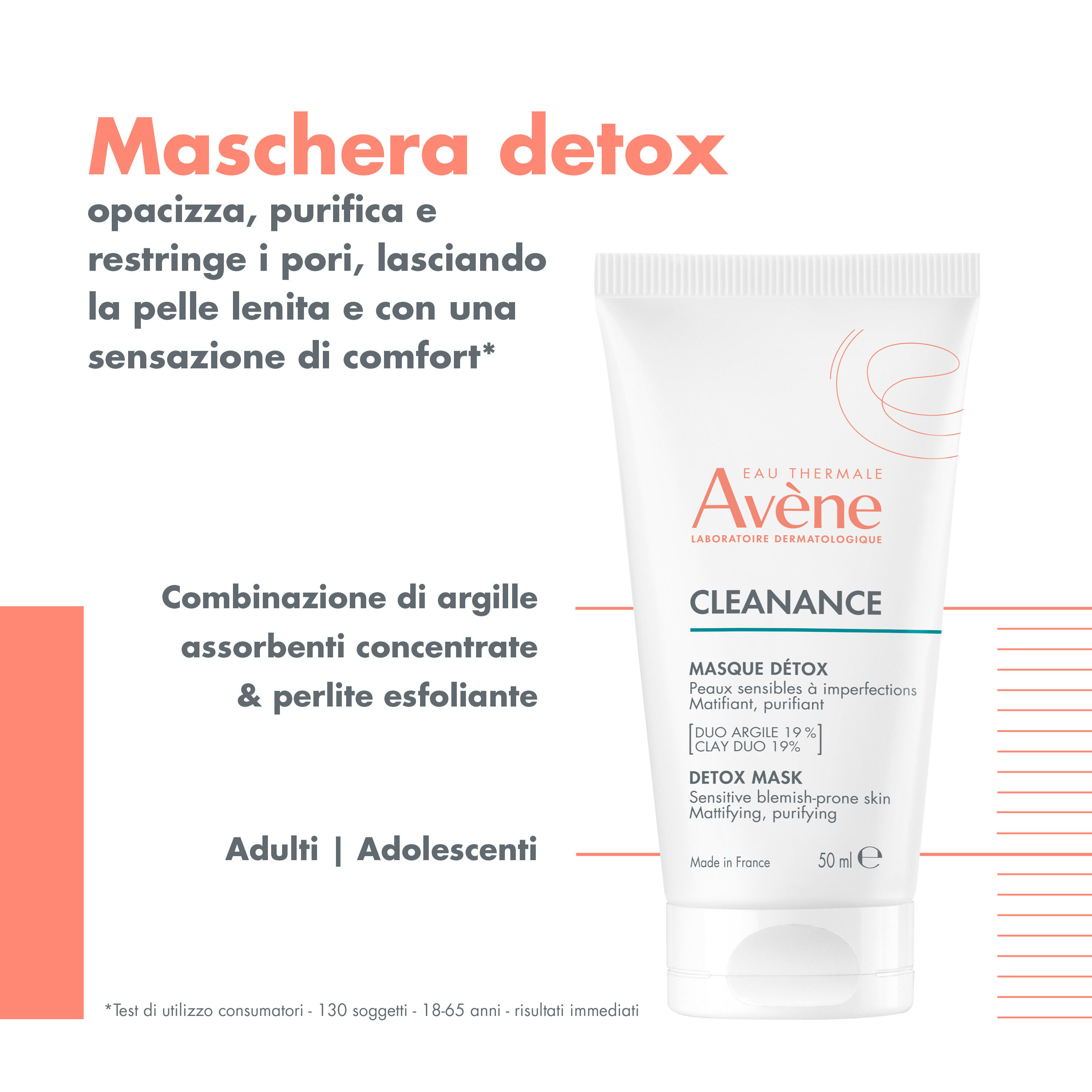 Eau Thermale Avène Cleanance Maschera Detox, Purifica, opacizza e restringe i pori, con Argilla bianca, Pelle grassa a tendenza acneica, 50ml 
