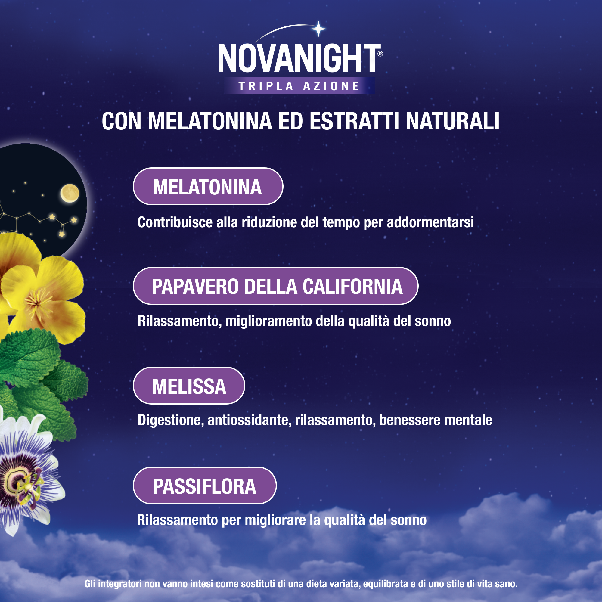 NOVANIGHT Tripla Azione Sonno Rigenerante, Integratore Alimentare con Melissa e Melatonina per Dormire, Senza Glutine, 60 Compresse, Non Induce Dipendenza