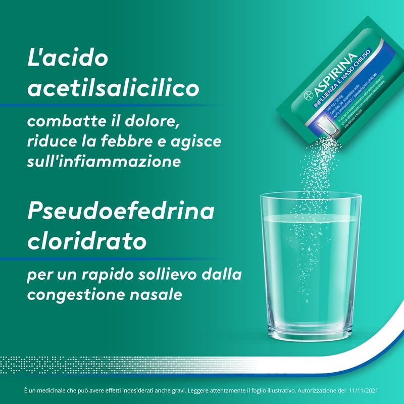 Aspirina Influenza e Naso Chiuso, Granulato per Soluzione Orale, 500mg Acido Acetilsalicilico + 30mg Pseudoefedrina, Effetto Antipiretico e Decongestionante, 10 Bustine