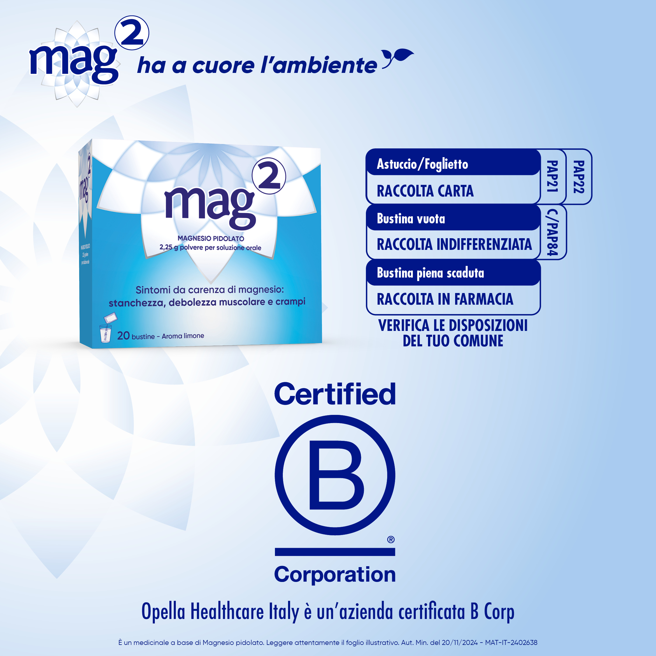 MAG2 Magnesio Pidolato 2,25 g Polvere - Soluzione Orale Per Stanchezza E Debolezza Muscolare 20 Bustine