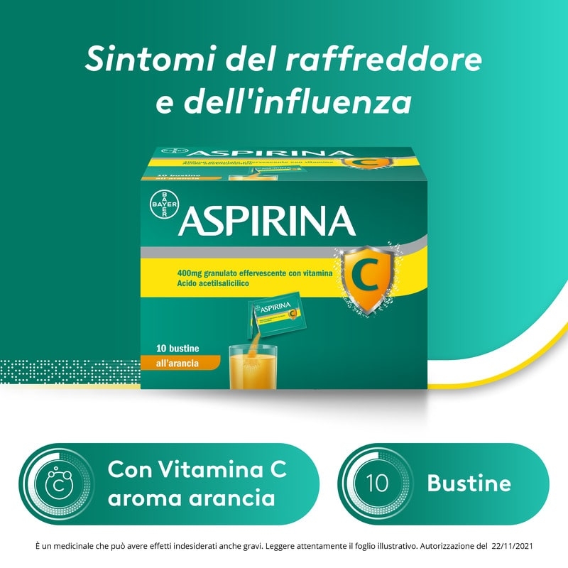 Aspirina C, contro sintomi di Raffreddore, Influenza e Febbre, 400 mg di Acido Acetilsalicilico + 240 mg di Vitamina C, antinfiammatorio e analgesico, Gusto Arancia, 10 Bustine