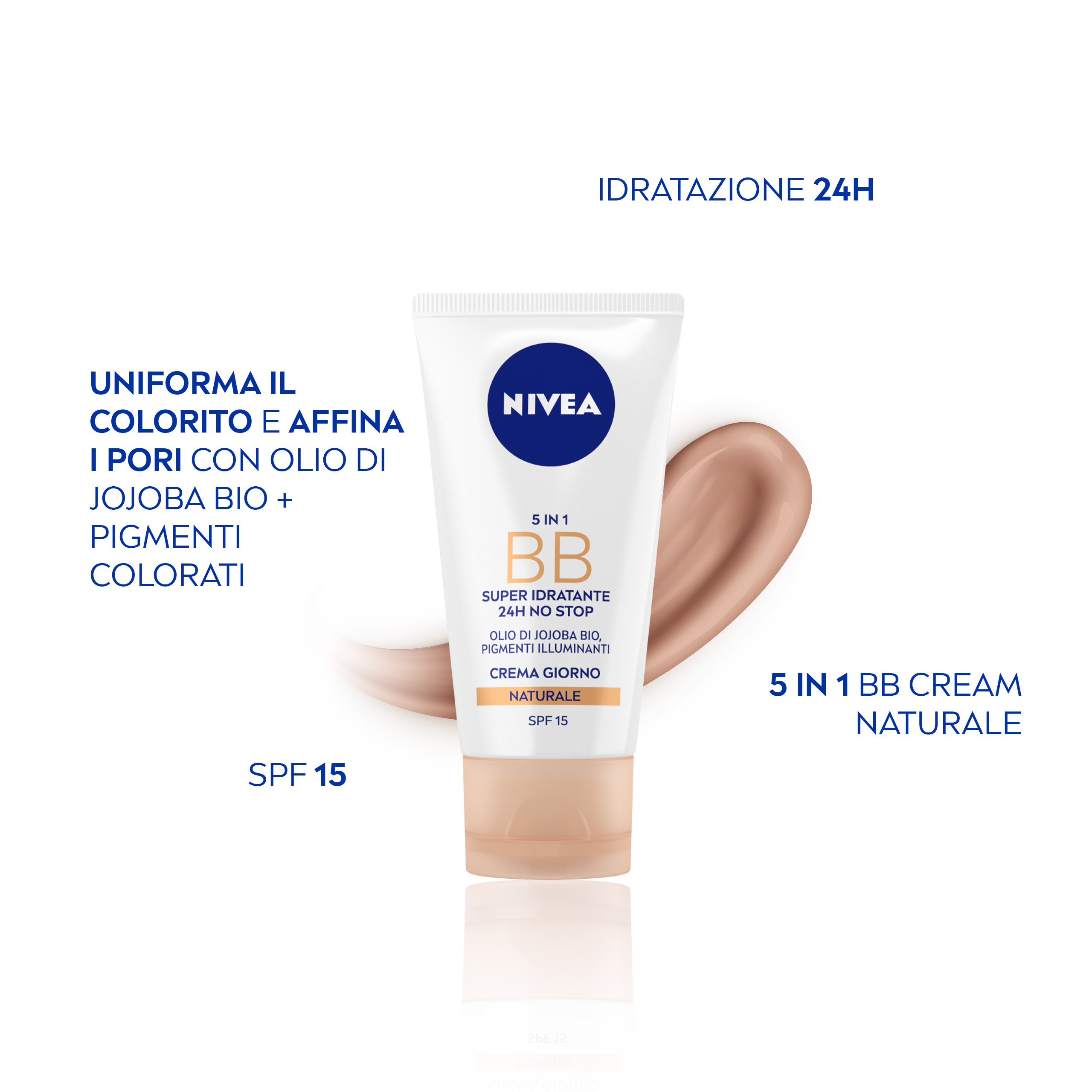 Nivea - 5 In 1 BB Cream Super Idratante 24H No Stop - Crema Giorno Colorata SPF15 Viso 50 ml Naturale