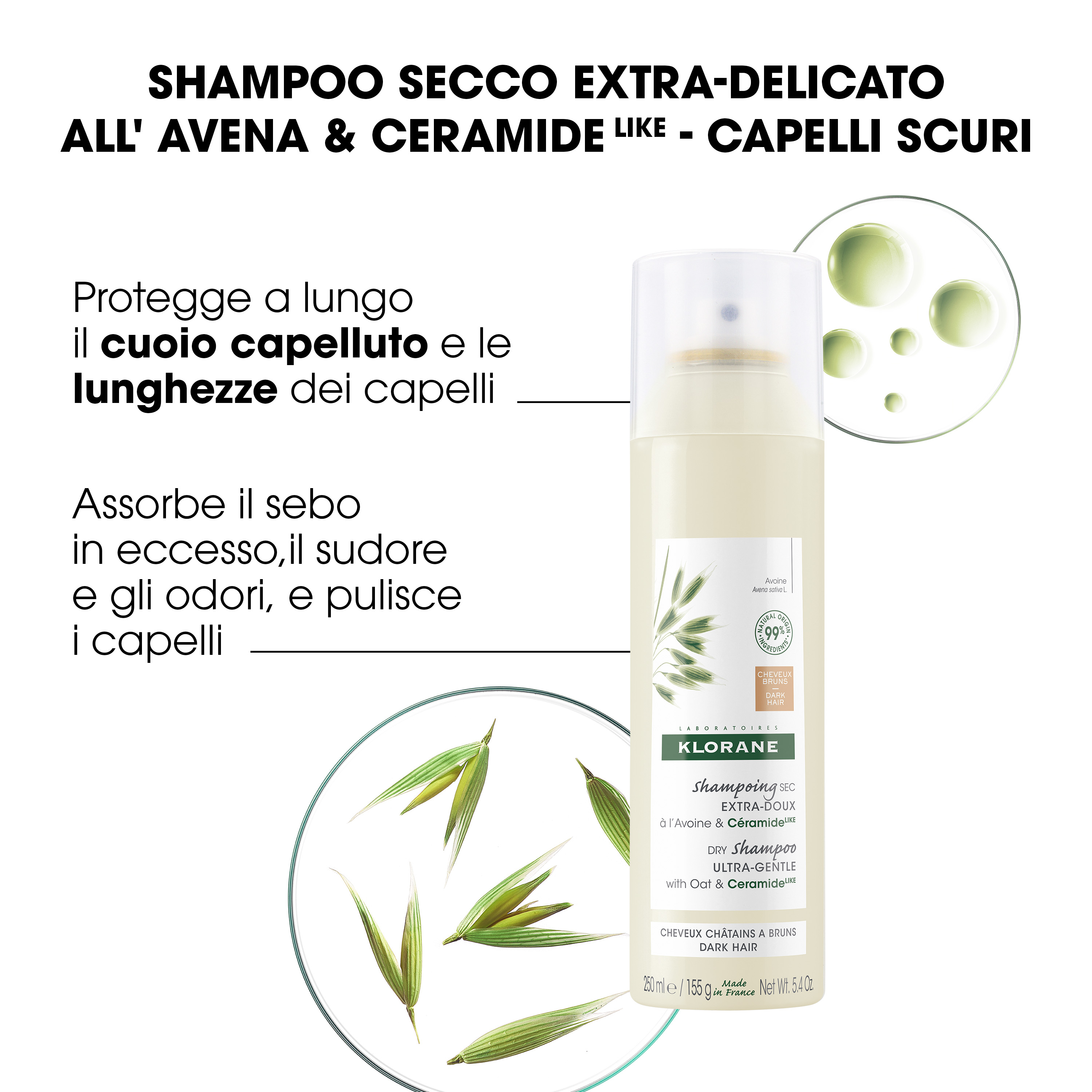 Klorane - Shampoo Secco Extra-Delicato All'Avena & Ceramide Per Capelli Scuri Spray 150 ml