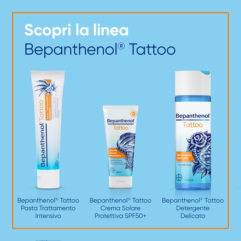 Bepanthenol Tattoo Crema Protezione Solare Molto Alta SPF50+ per Tatuaggio, con Pantenolo, Protegge, Idrata e Rigenera la Pelle Tatuata, 50ml