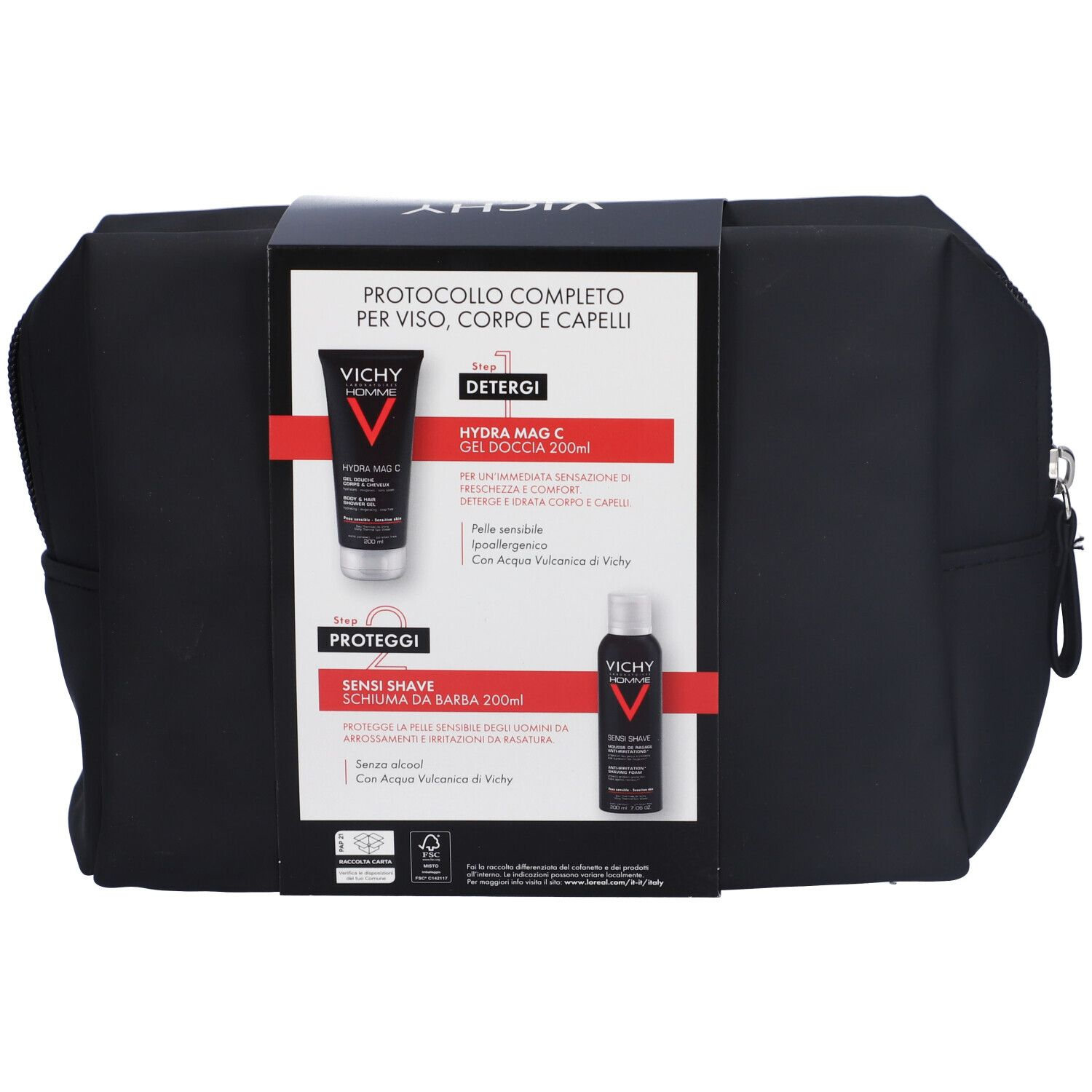 Vichy Cofanetto Pochette Regalo Uomo Hydra Mag C Gel Doccia 200ml + Sensi Shave Schiuma da Barba 200ml