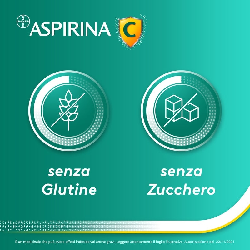Aspirina C, contro sintomi di Raffreddore, Influenza e Febbre, 400 mg di Acido Acetilsalicilico + 240 mg di Vitamina C, antinfiammatorio e analgesico, 20 Compresse Effervescenti