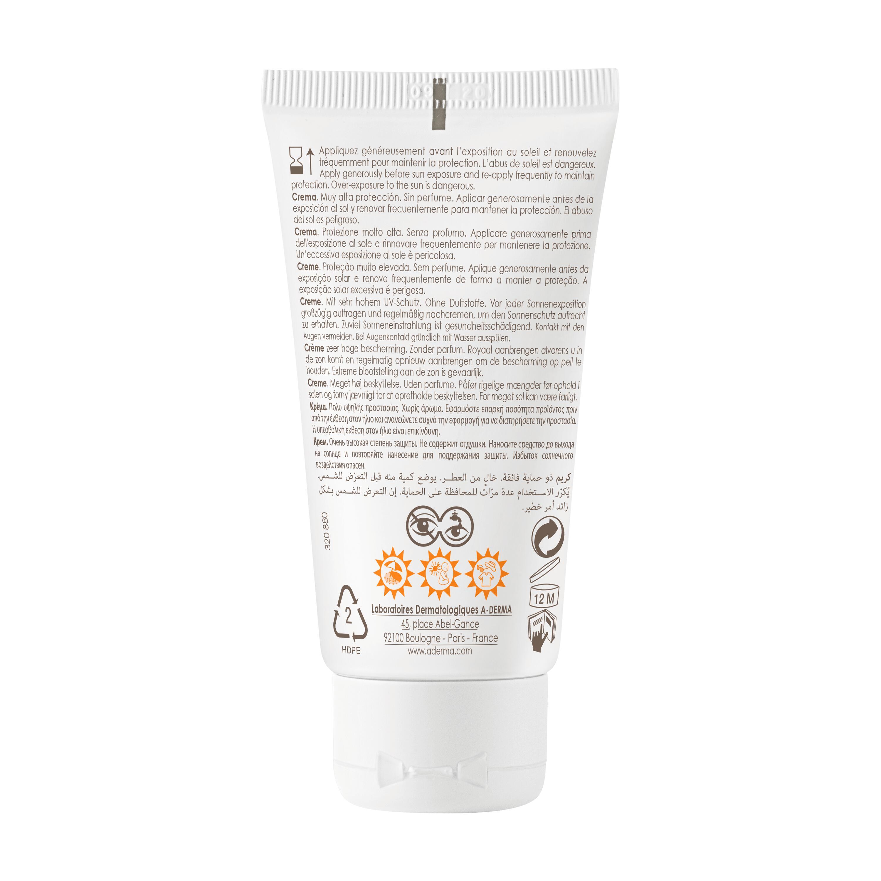 A-Derma Protect Crema Solare Senza Profumo SPF50+ - Protezione Solare Molto Alta Viso 40 ml